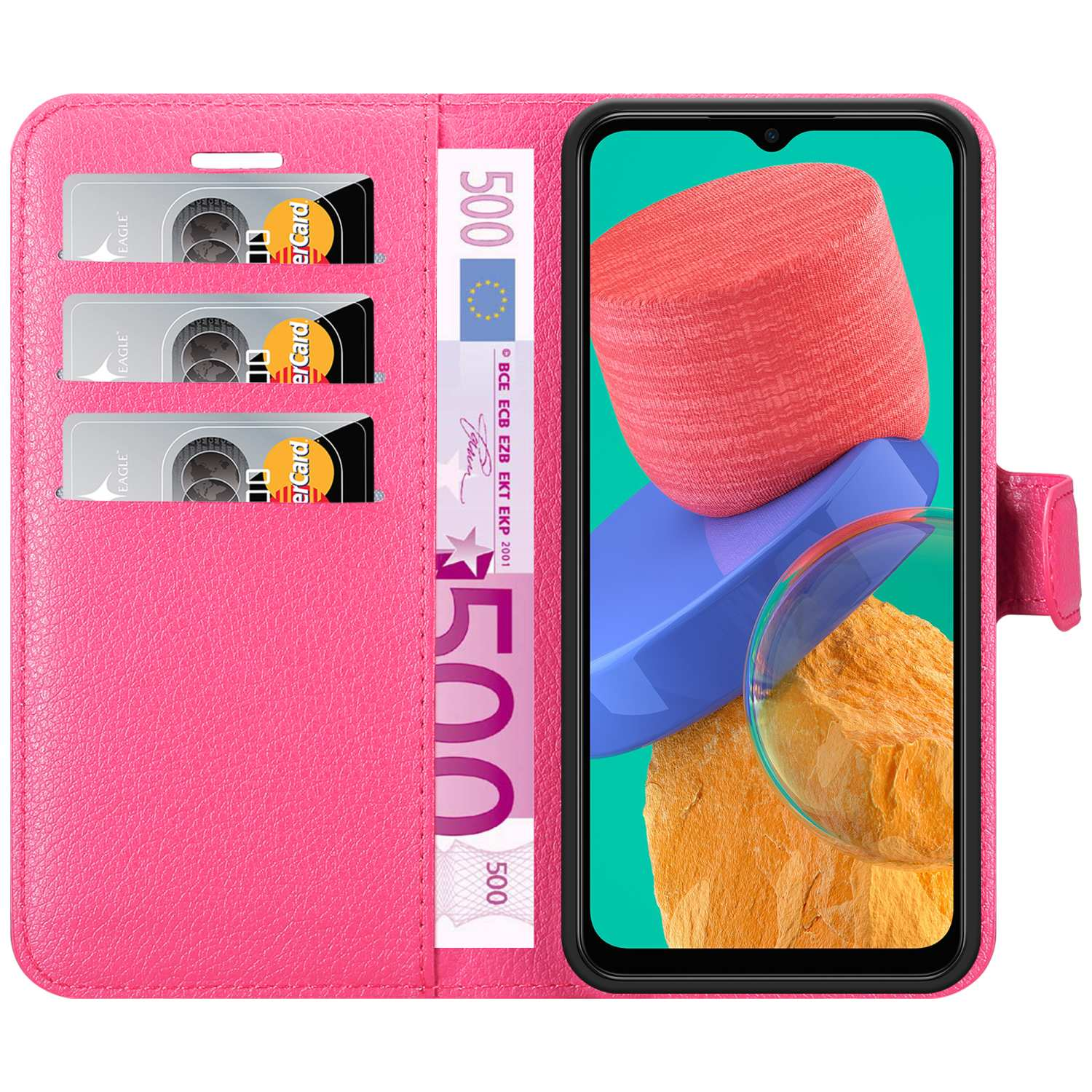 Custodia rosa per telefono, aperta. Telefono con carte e banconota da 500 euro. Sfondo rosa.