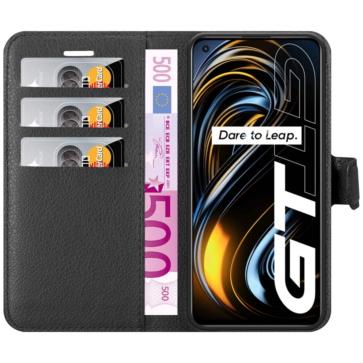 Custodia nera con telefono, denaro e carte. Testo GT sul telefono. Design a portafoglio.