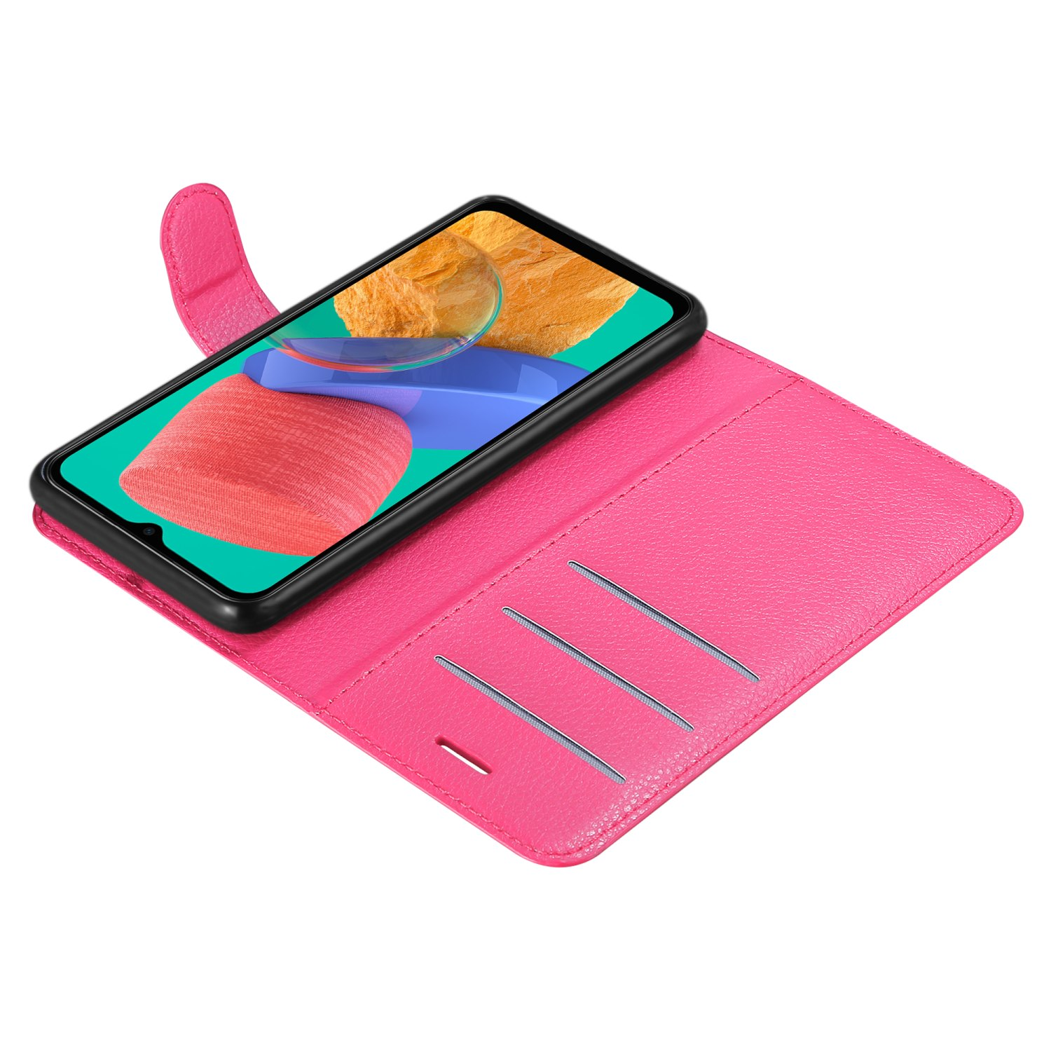 Custodia rosa aperta con telefono dentro. Con fessure per carte.