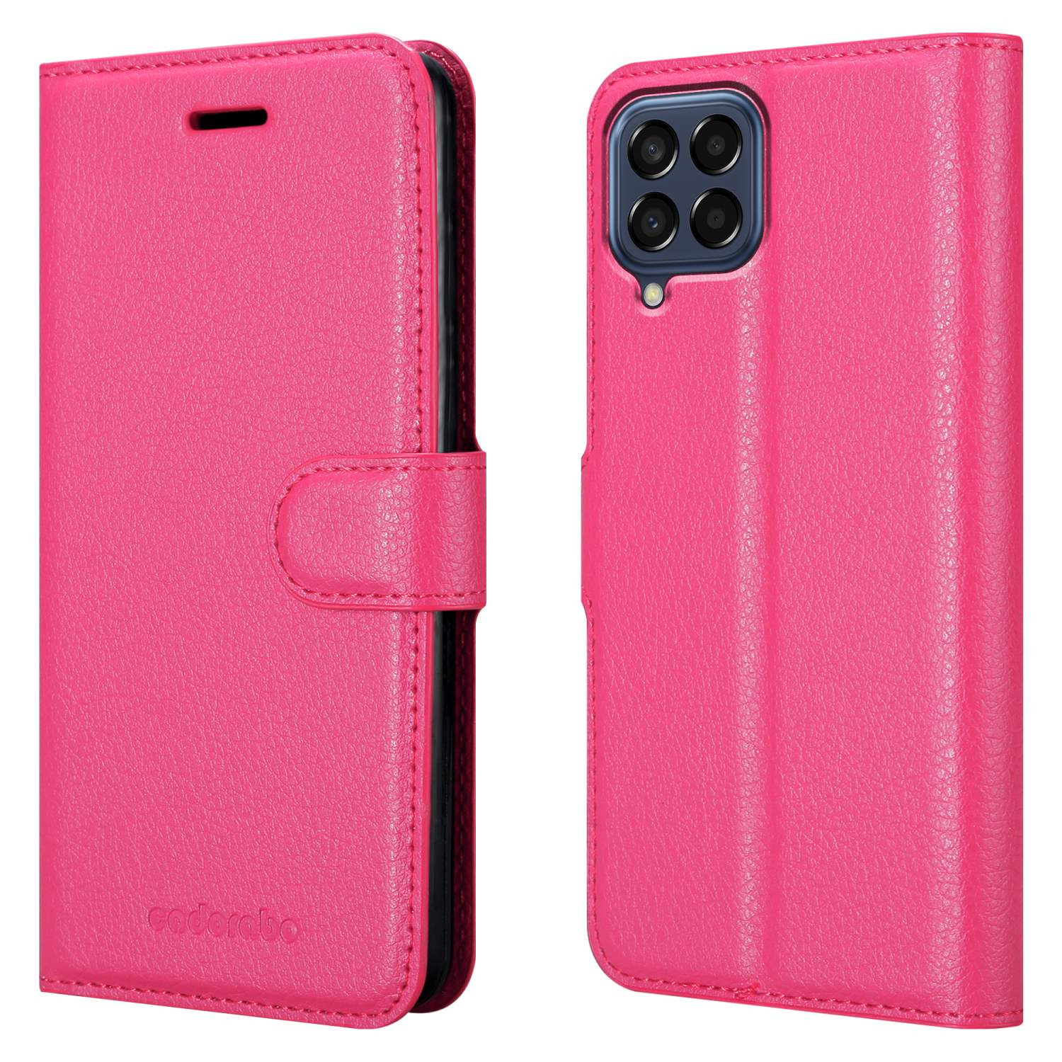 Custodia per telefono rosa, viste aperta e chiusa.