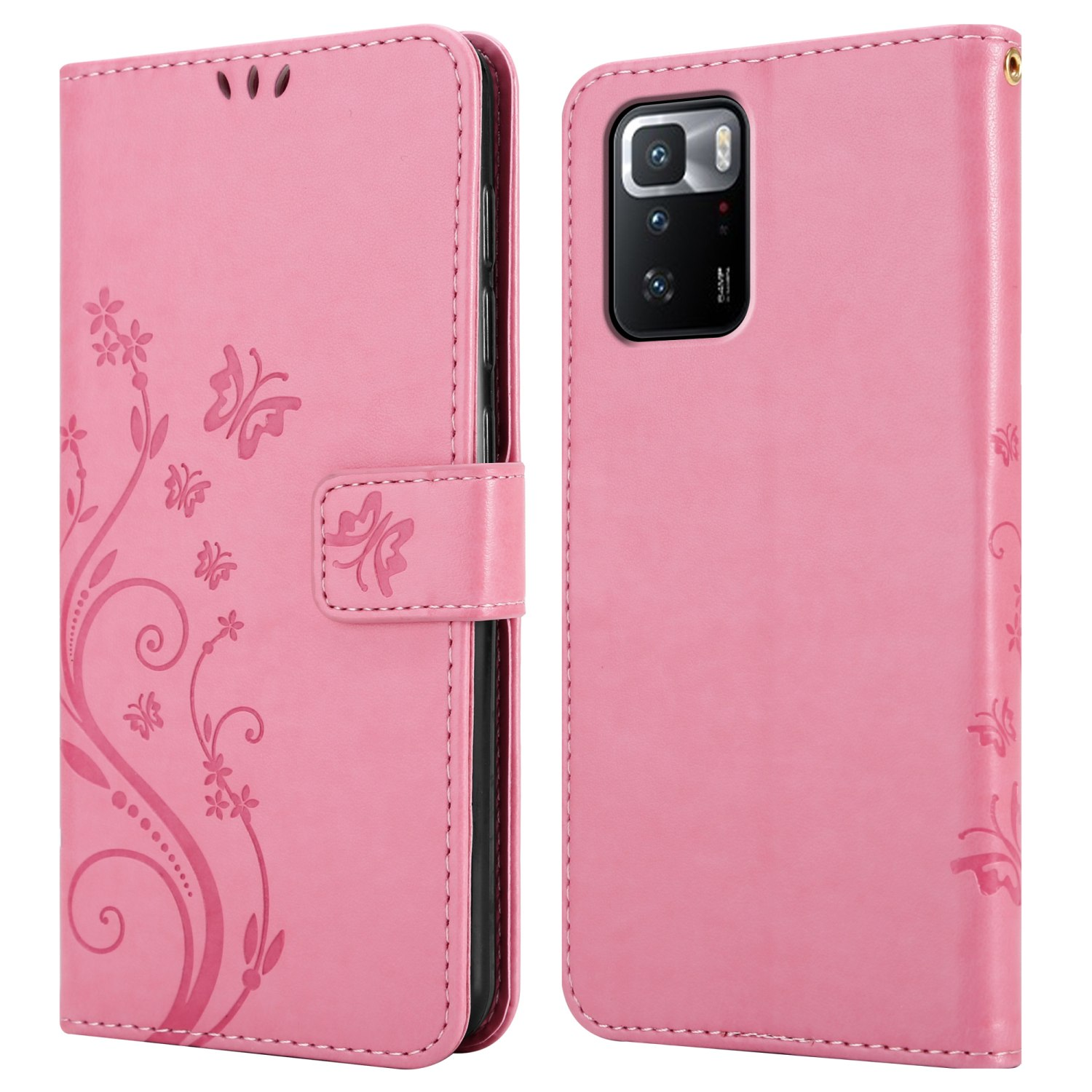 Una custodia per telefono rosa, aperta e chiusa. Ha un motivo floreale.