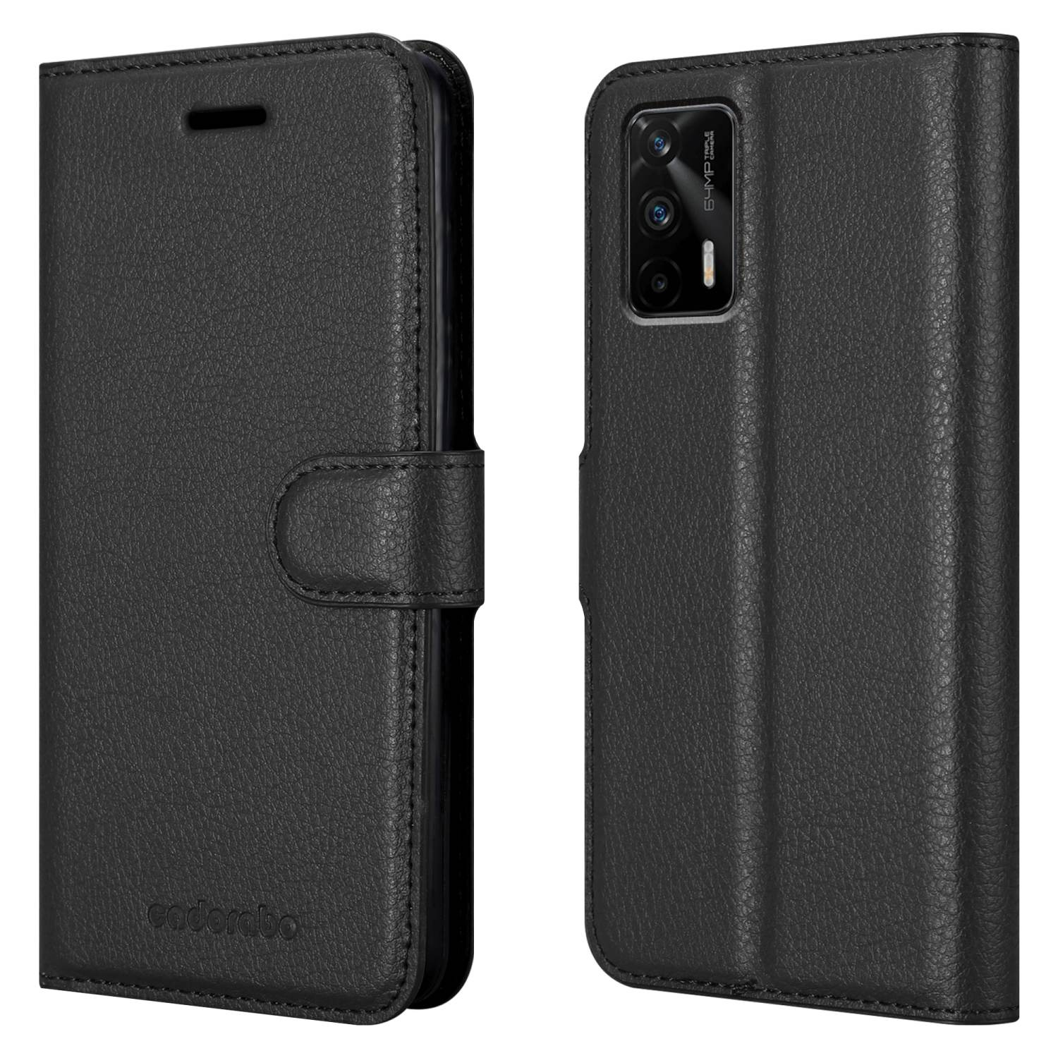 Custodia per telefono nera, chiusa e aperta. La custodia aperta rivela il telefono con la fotocamera visibile.