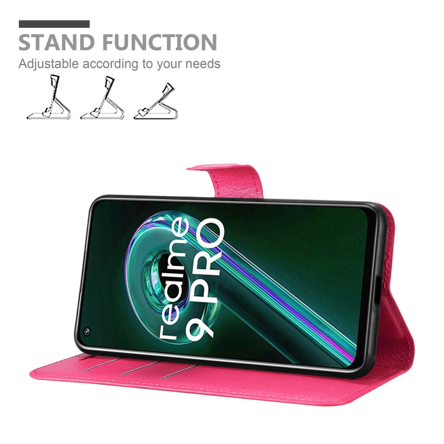 Custodia per telefono rosa che mostra la funzione stand con telefono. Il telefono mostra Realme 9 Pro.