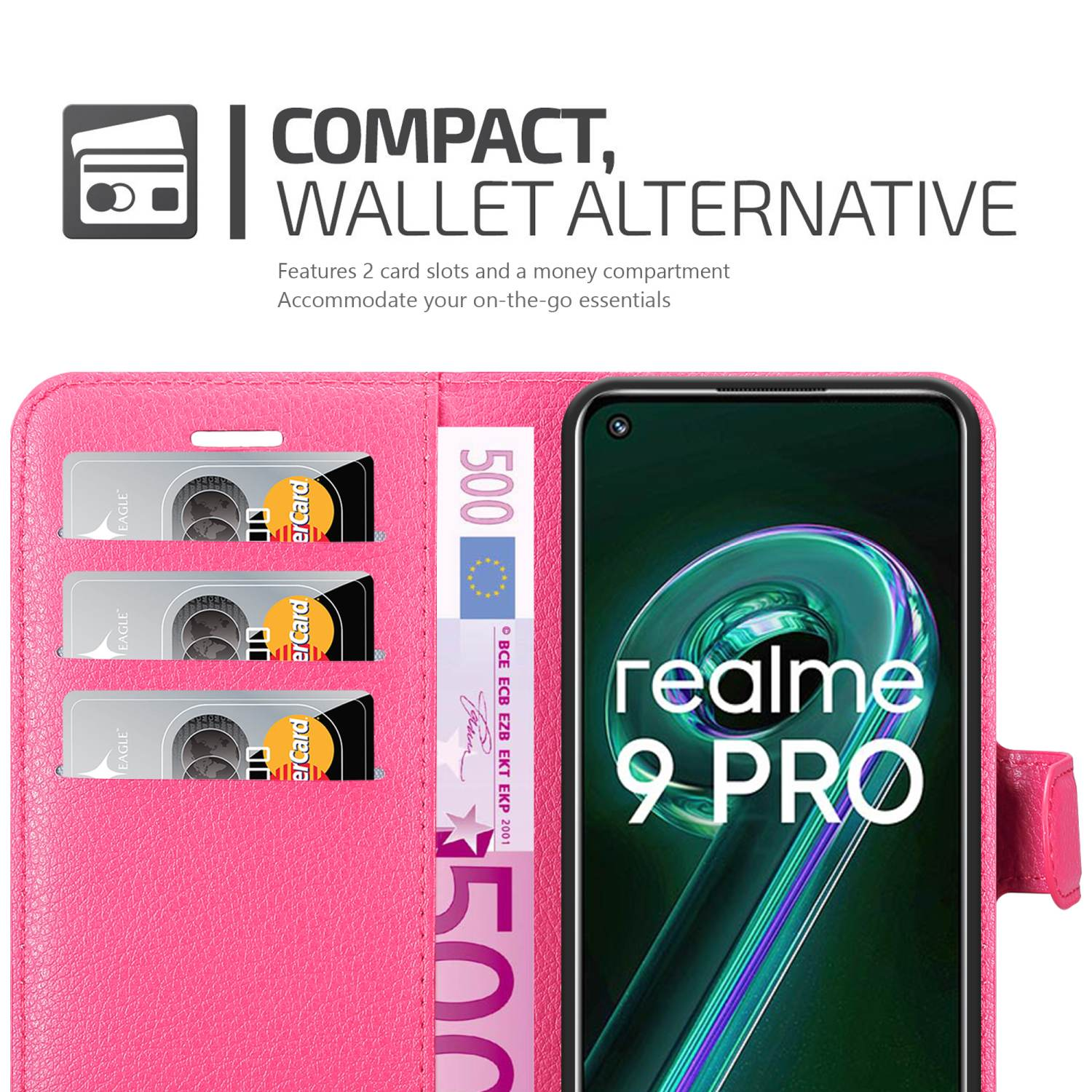 Una custodia per telefono rosa con un telefono e tre scomparti per carte. All'interno c'è una banconota da 500 euro. Testo: Compatto, alternativa al portafoglio.