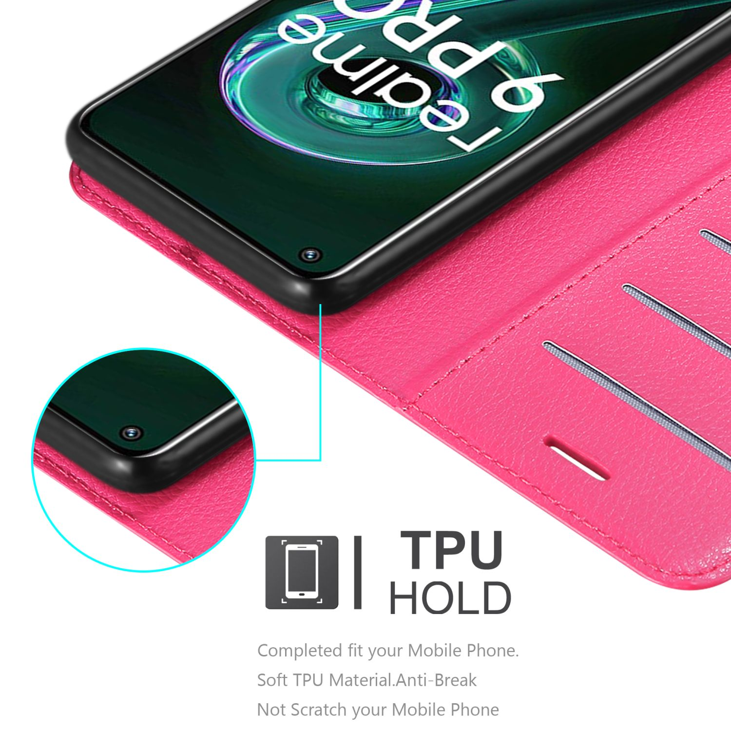 Custodia per telefono rosa con telefono. Testo in basso: TPU HOLD.