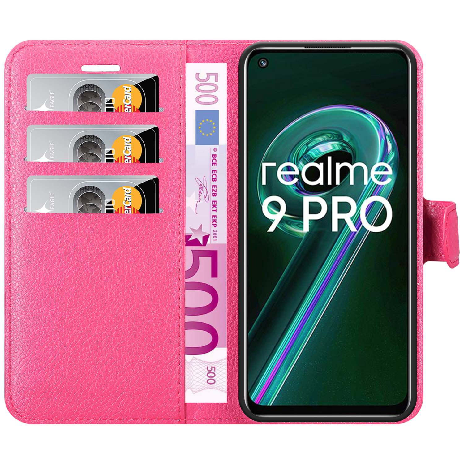 Una custodia per telefono rosa è aperta con un telefono all'interno. Ha slot per schede e denaro.