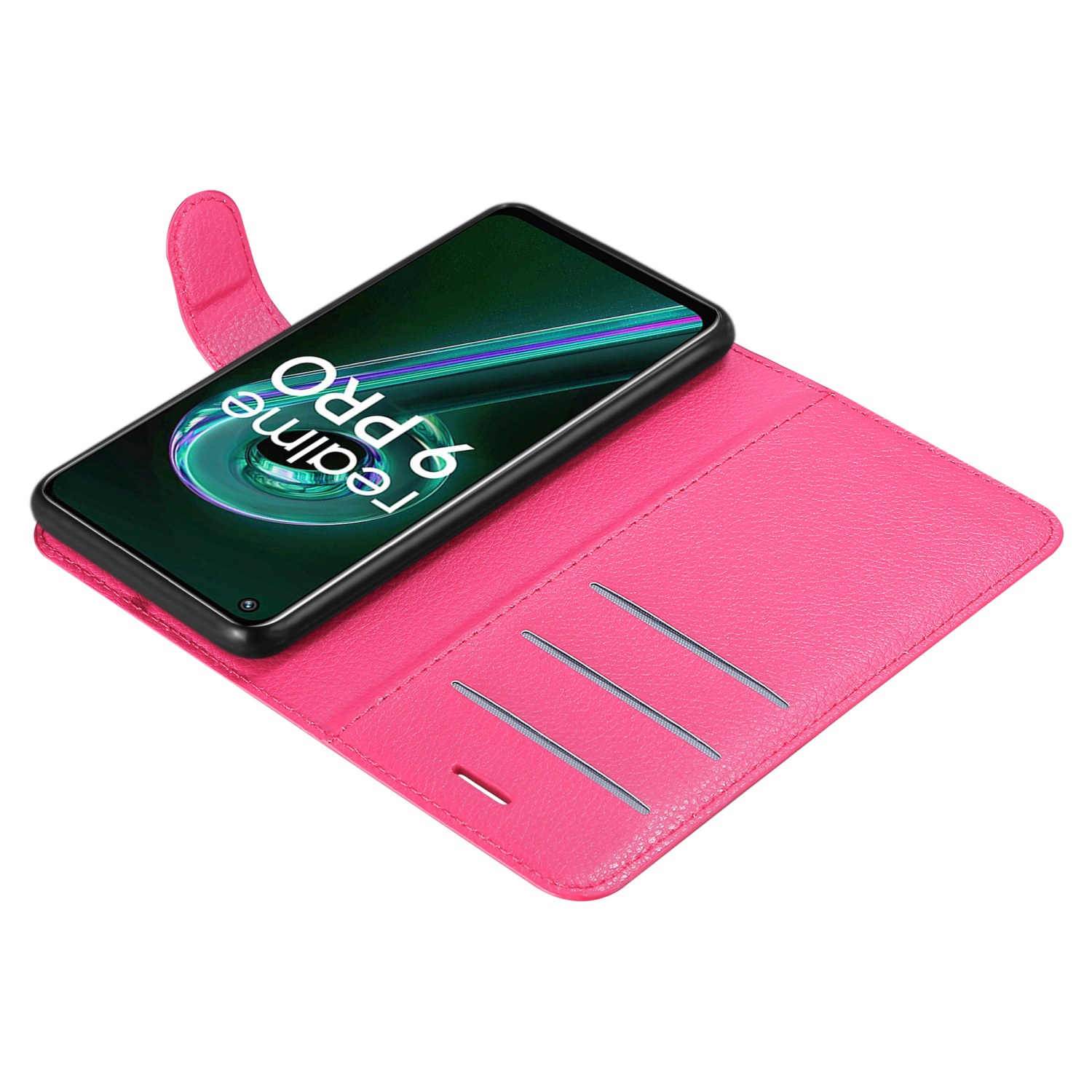 Custodia per telefono rosa aperta, un telefono è all'interno. Il telefono e la custodia sono su sfondo bianco.