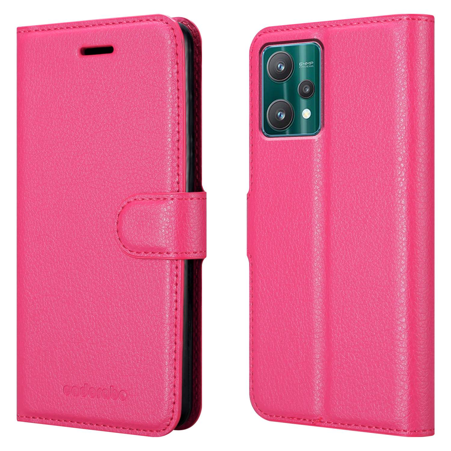 Custodia per telefono rosa, chiusa e aperta, che mostra il retro del telefono con fotocamera. La custodia è in similpelle con chiusura magnetica.