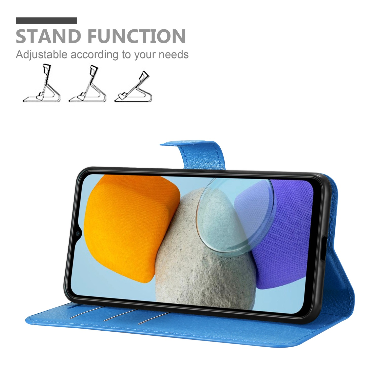 Custodia blu aperta. Telefono in posizione stand. Display visibile. Sfondo bianco.