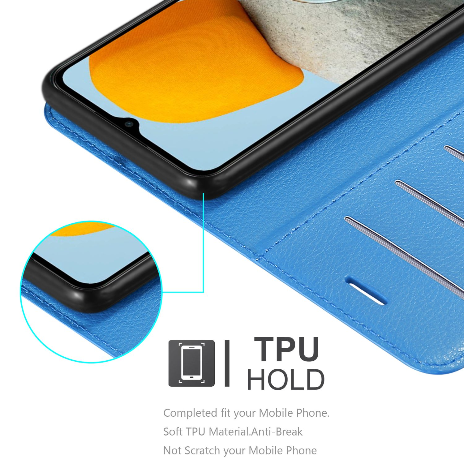 Una custodia per telefono blu è aperta con un telefono all'interno. Mette in evidenza la funzione di supporto in TPU.