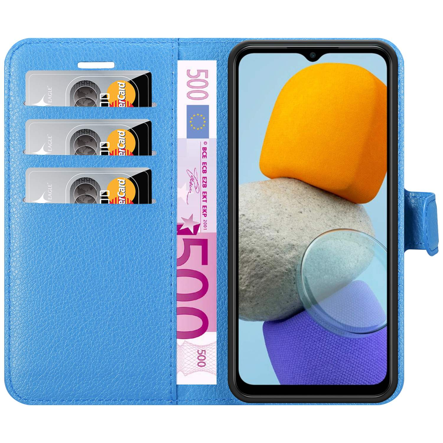 Custodia blu, aperta con telefono, carte e denaro. La custodia è blu.