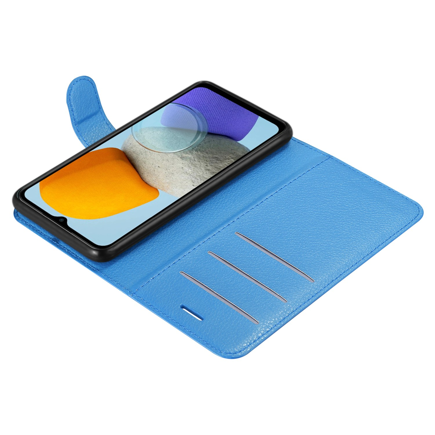 Custodia blu con telefono all'interno. La custodia è aperta e il telefono è visibile. Interno con fessure.