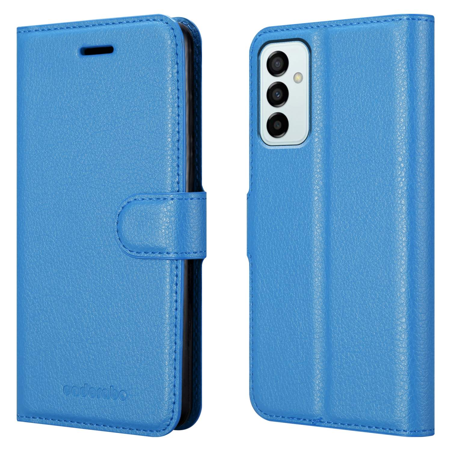 Una custodia per telefono blu, chiusa e aperta. La custodia aperta mostra il telefono. Il marchio "cadorabo" è visibile.