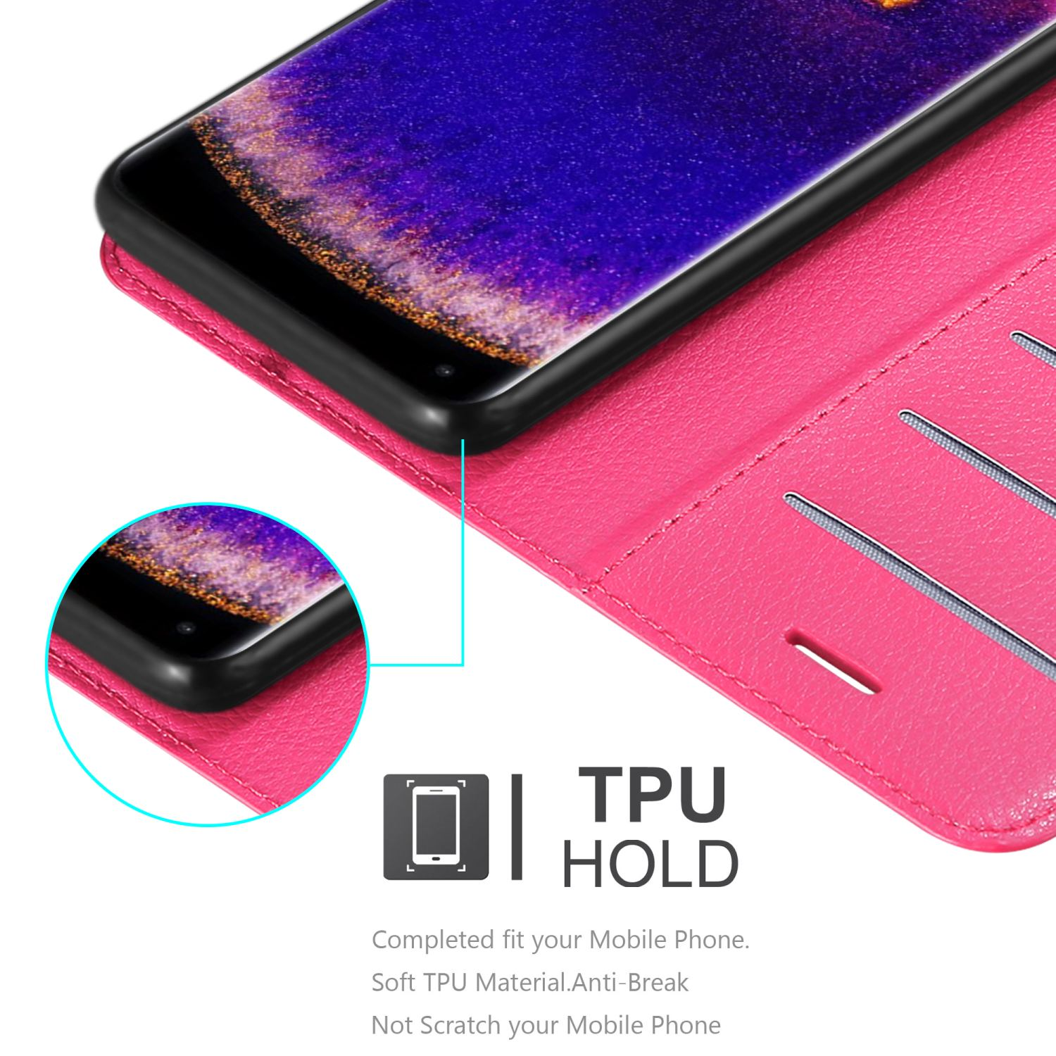 Eine pinkfarbene Handyhülle mit einem schwarzen Telefon darin. Ein Logo ist sichtbar.