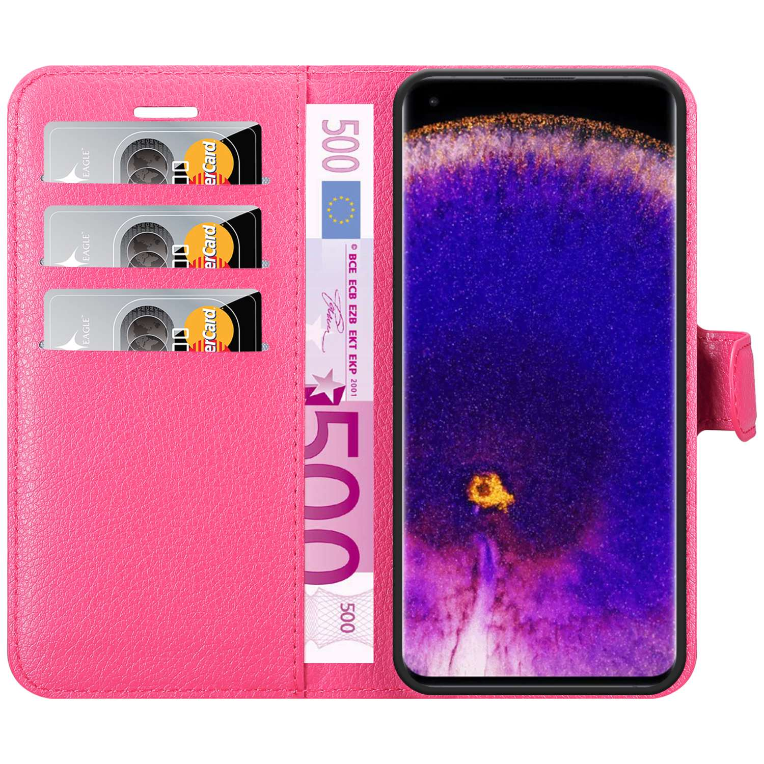 Eine pinke Geldbörsenhülle mit einem Telefon. Es zeigt Karten, Geld und einen Telefonbildschirm mit lila Bild.