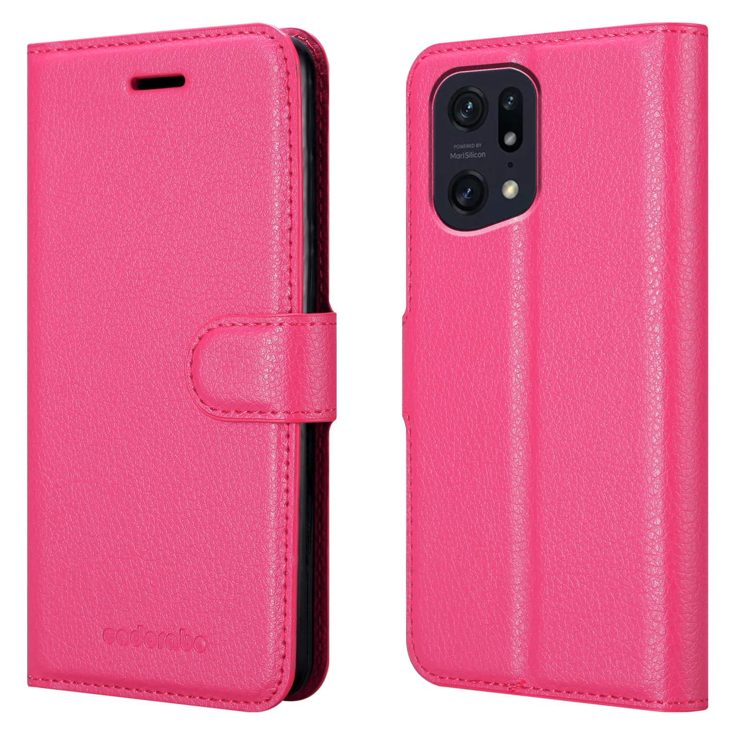 Rosa Handyhülle, offen und geschlossen. Geöffnete Hülle zeigt Telefonkamera.