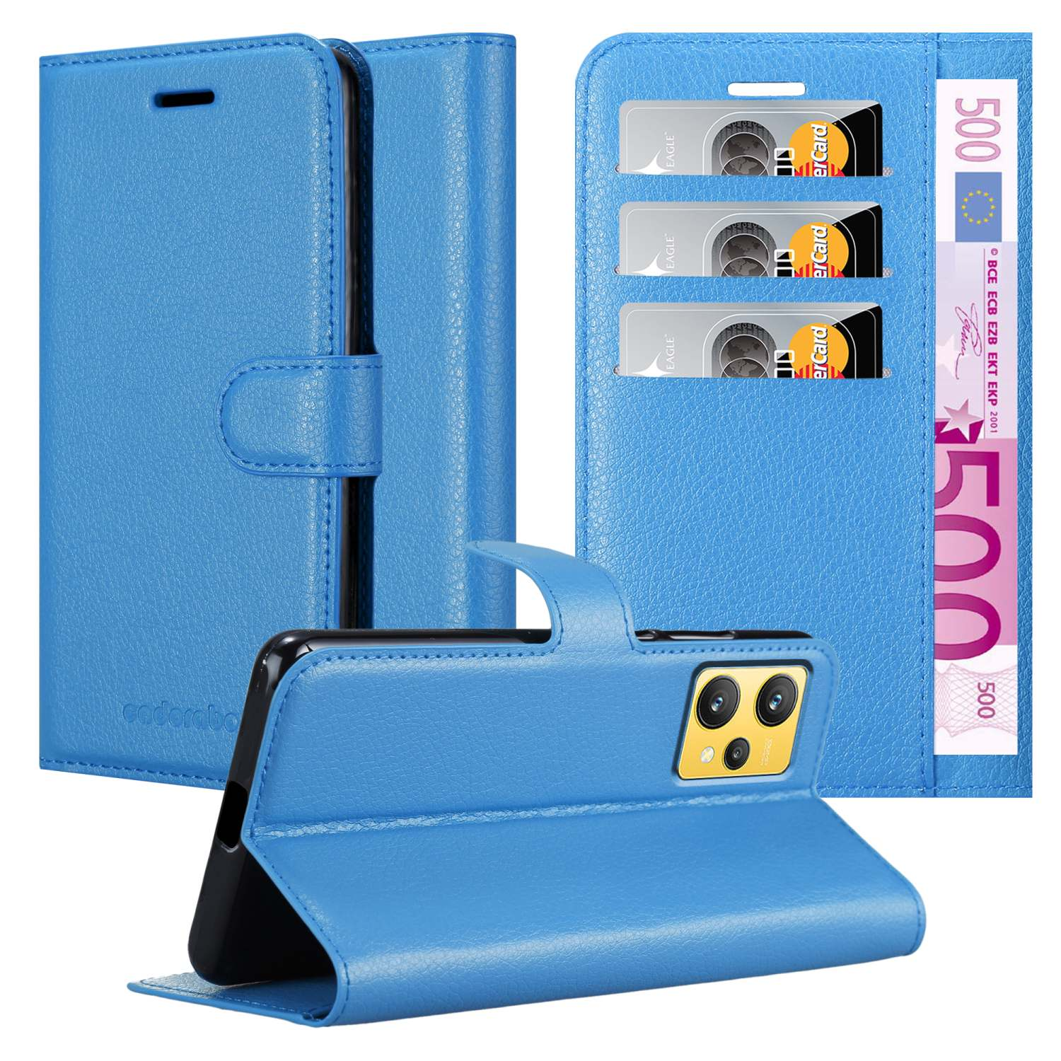 Custodia blu per telefono, aperta con slot per carte e telefono. Banconota in euro visibile.