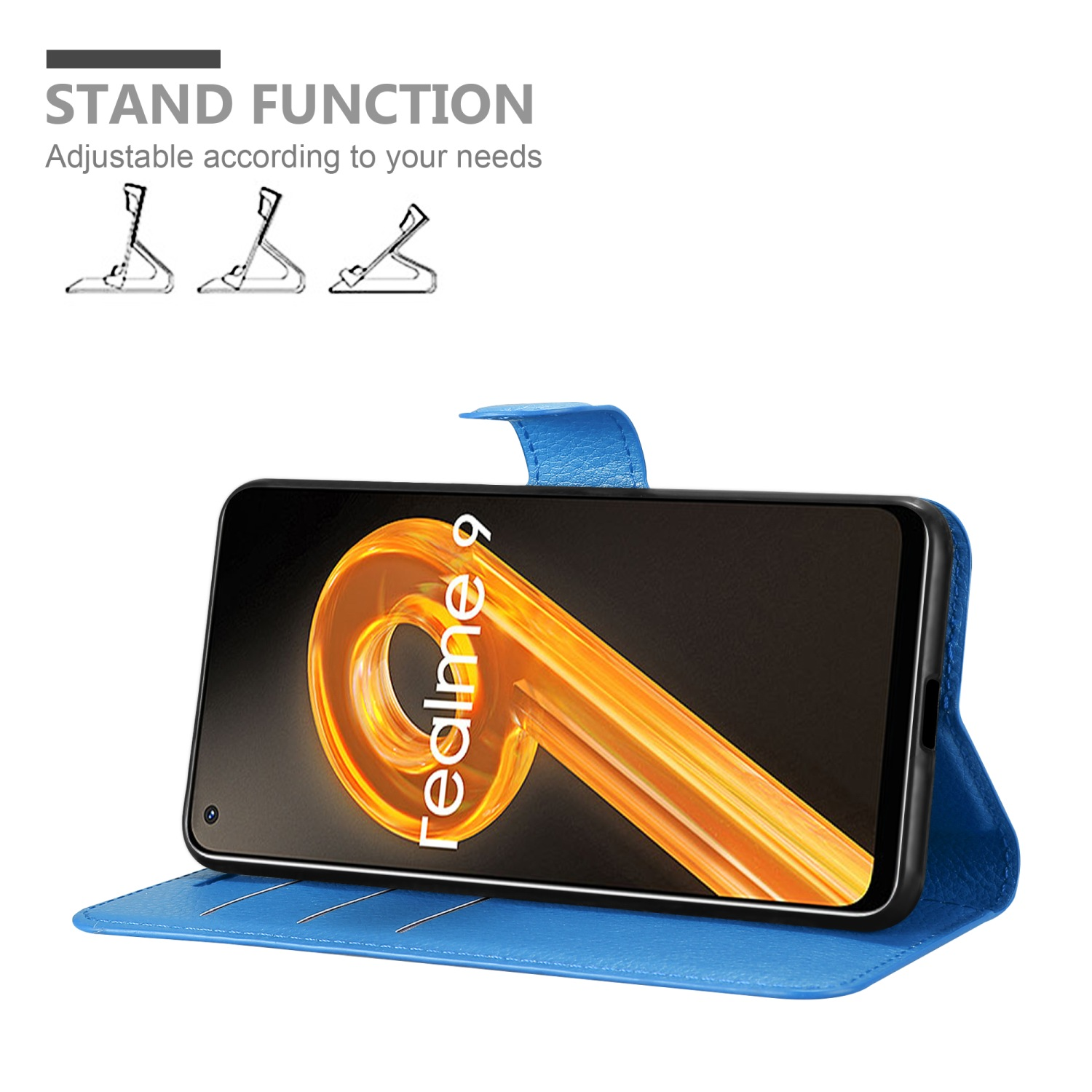 Custodia blu per telefono con uno smartphone all'interno, che mostra il logo Realme 9. Funzione stand.