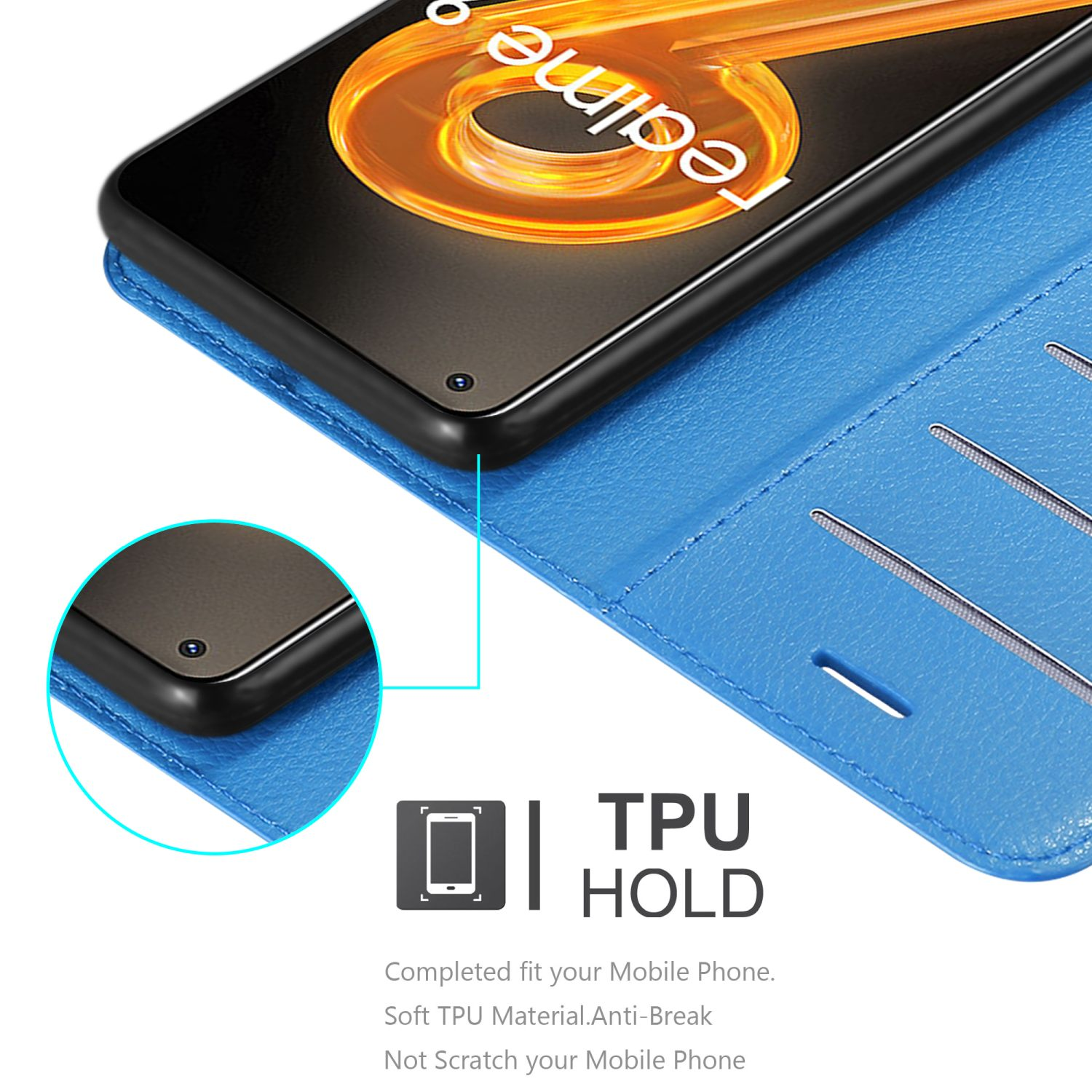 Custodia blu aperta, telefono visibile. Testo: 'TPU Hold'.