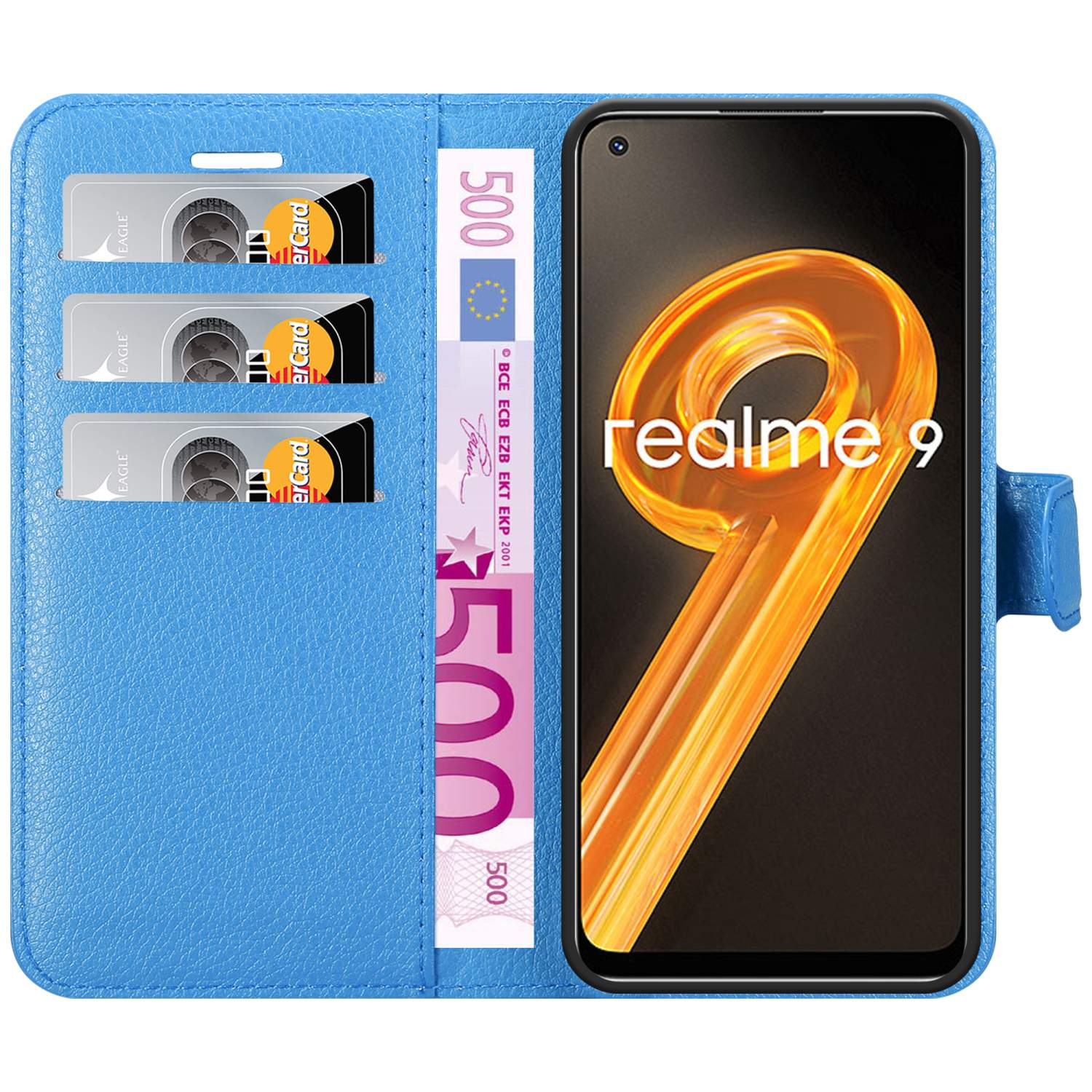 Custodia blu con telefono e carte. Il telefono mostra un design a spirale arancione e giallo.