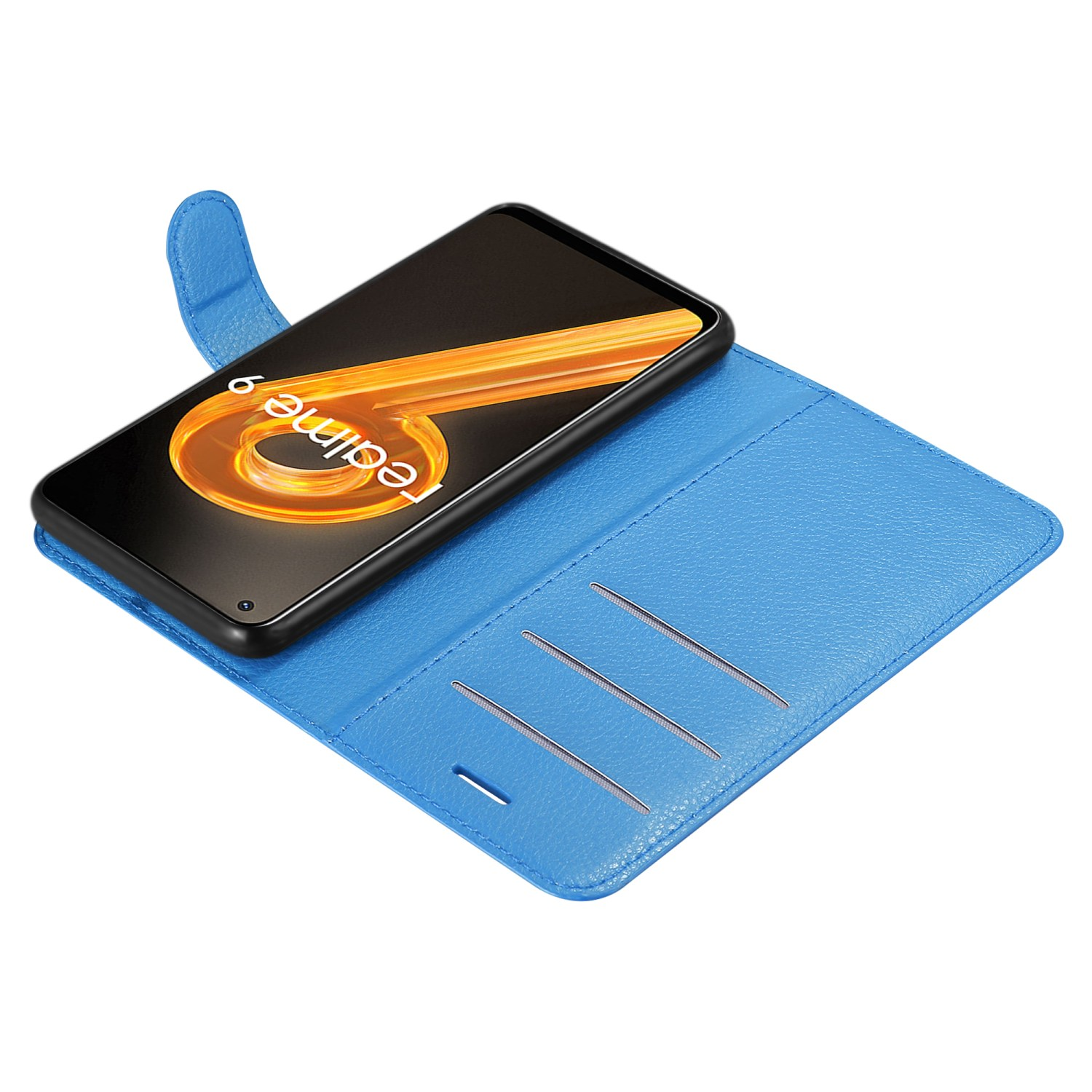 Custodia blu per telefono, aperta, con un telefono all'interno. Lo schermo mostra una spirale dorata.