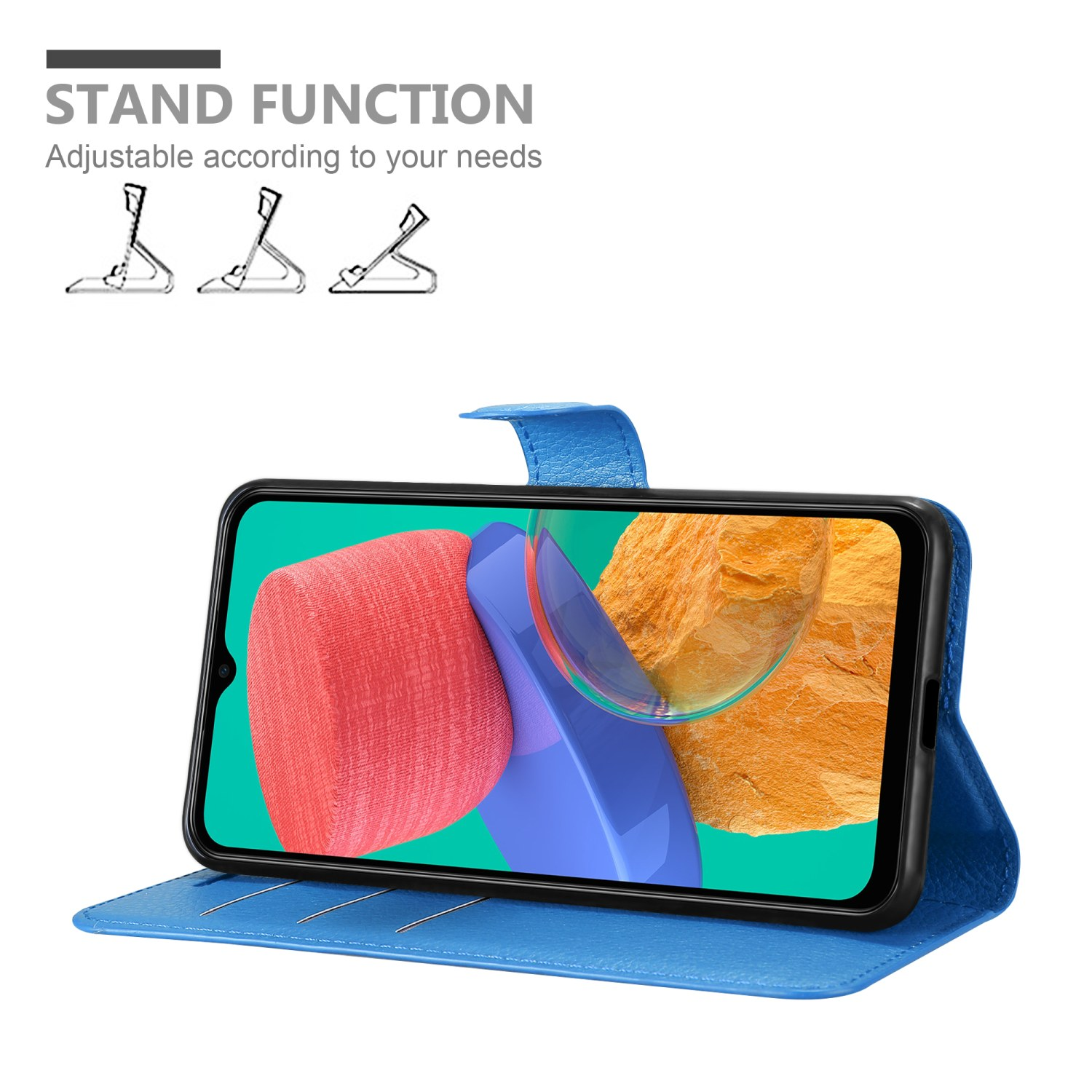 Custodia blu aperta, sorregge il telefono. Telefono mostra schermo. Testo: Funzione stand, regolabile. Icone.