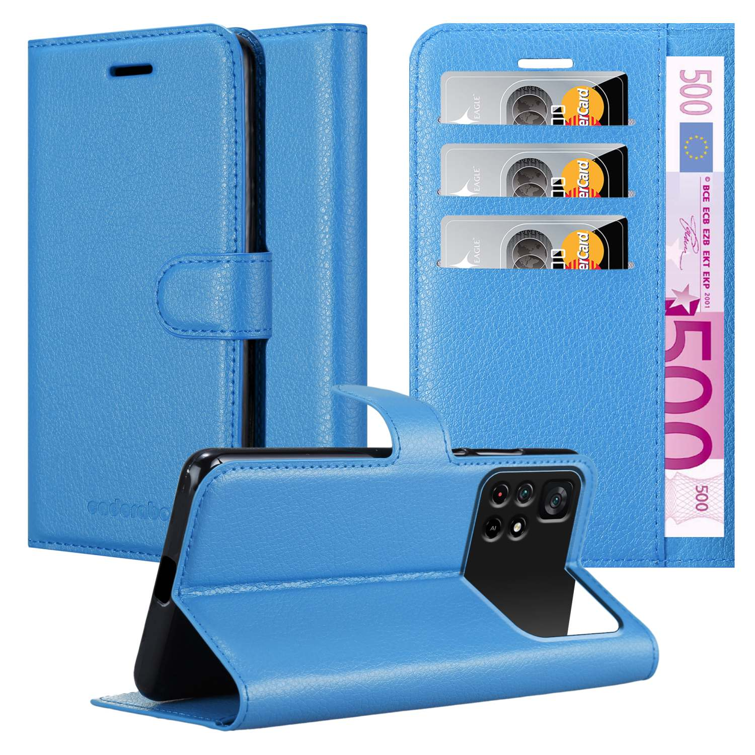 Custodia blu per telefono con design a portafoglio. Tre scomparti per carte e un vano per banconote visibili.