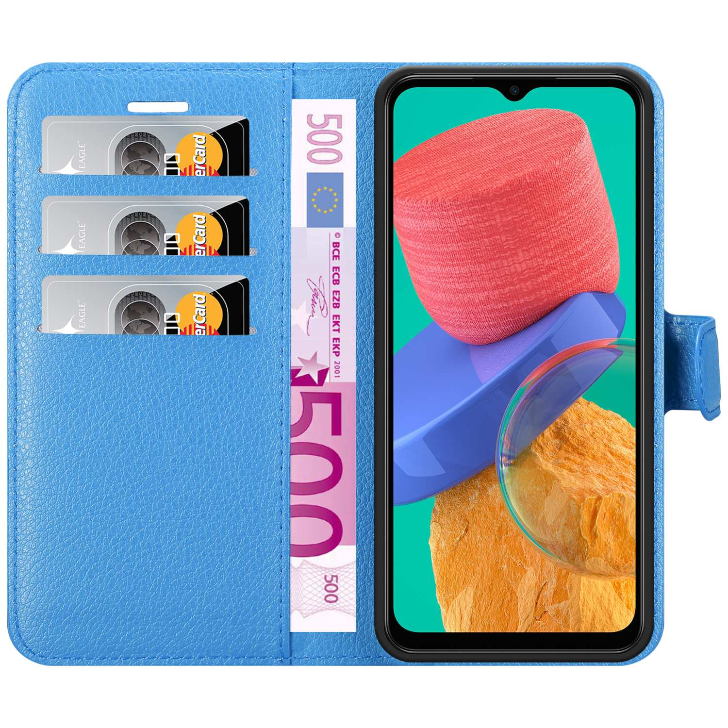 Una custodia per telefono blu con carte e denaro all'interno e un telefono con un display colorato.