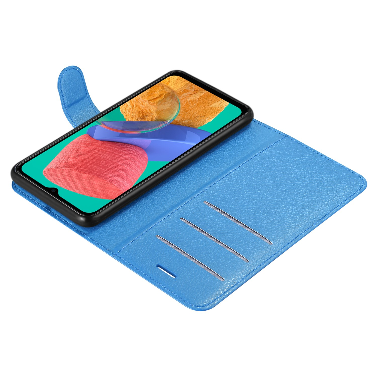 Custodia per telefono blu aperta, che rivela un telefono. 3 slot per schede. Il telefono ha uno sfondo arancione e blu.