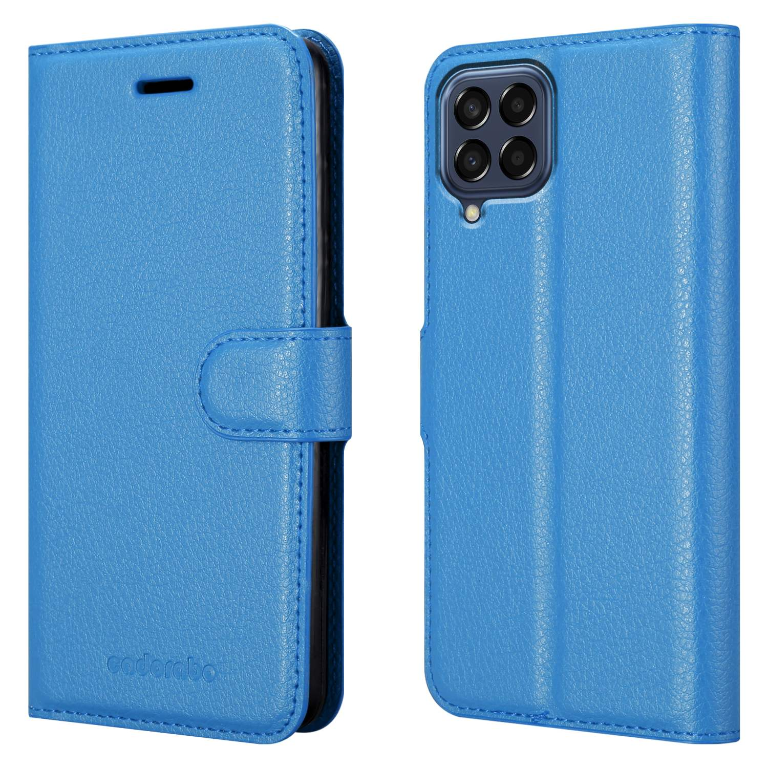 Una custodia per telefono blu, che mostra la parte anteriore e posteriore. Lo sfondo è bianco.