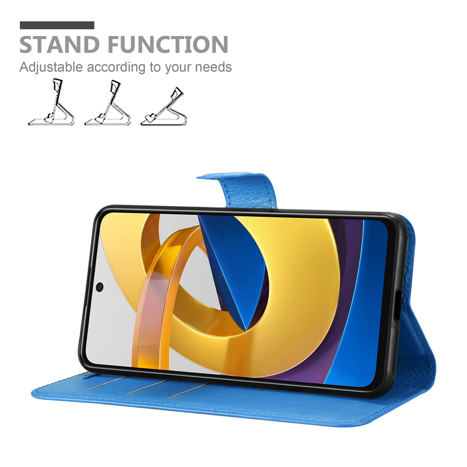 Un telefono in una custodia blu è aperto, mostrando uno schermo con un design colorato. La custodia è in posizione di supporto.