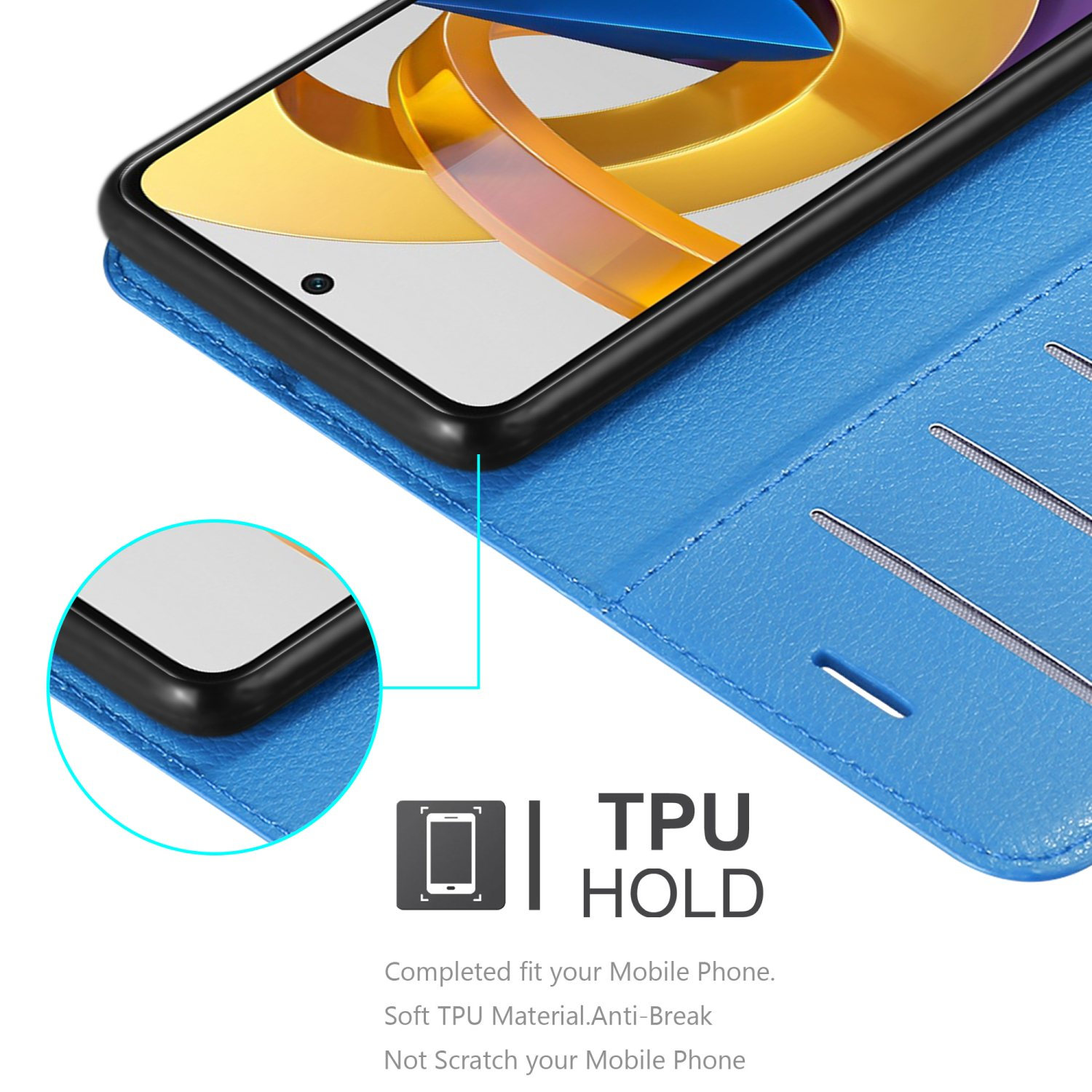 Custodia blu per telefono, aperta. Mostra un telefono all'interno, con fessure per carte visibili. Bordo nero.