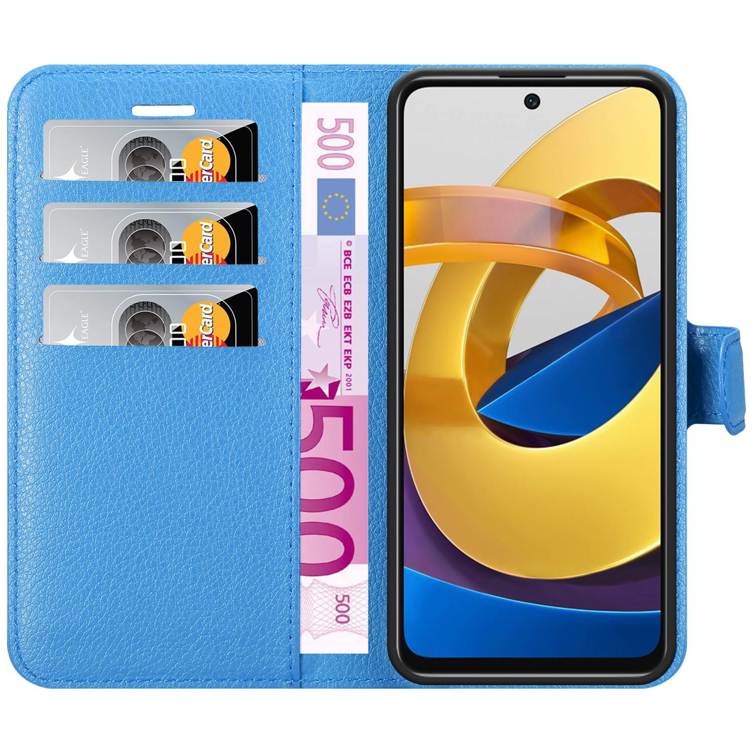 Custodia blu per telefono con fessure per carte di credito, una banconota da 500 euro e un telefono. Il telefono mostra un design oro e blu.