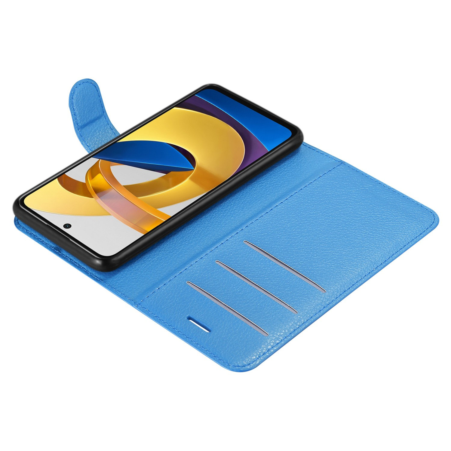 Custodia per telefono blu aperta con un telefono all'interno. Il telefono è nero.