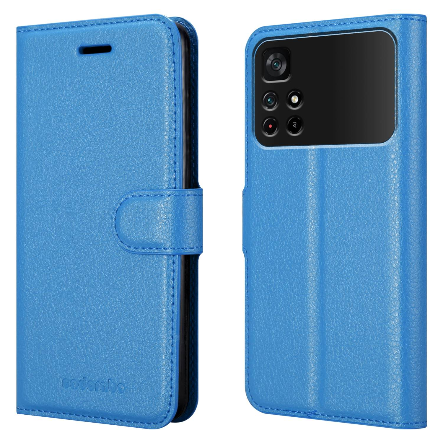 Custodia blu per telefono, aperta e chiusa, con telefono all'interno. Il telefono è nella custodia.