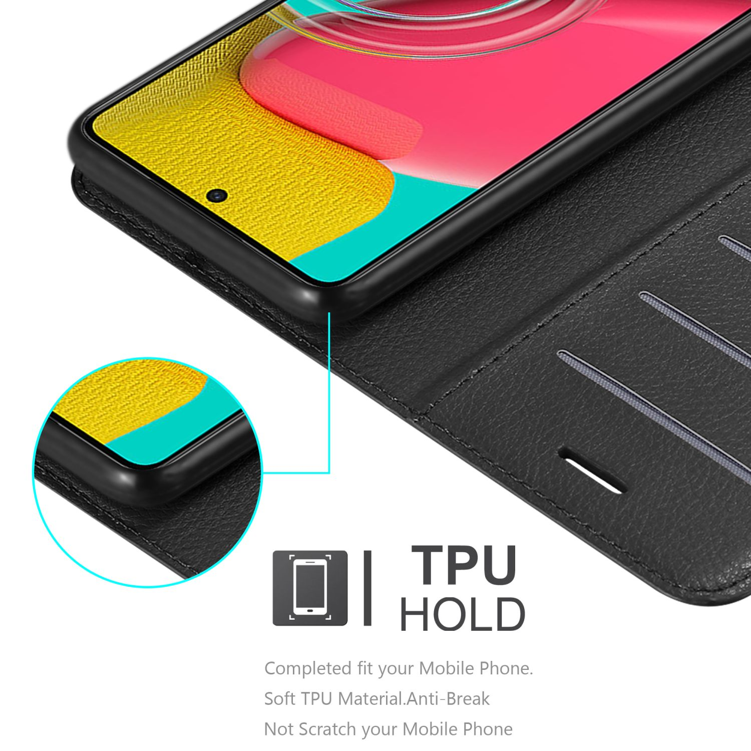 Custodia nera con telefono all'interno. Testo: TPU HOLD, vestibilità completa, materiale TPU morbido, anti-rottura, non graffia.