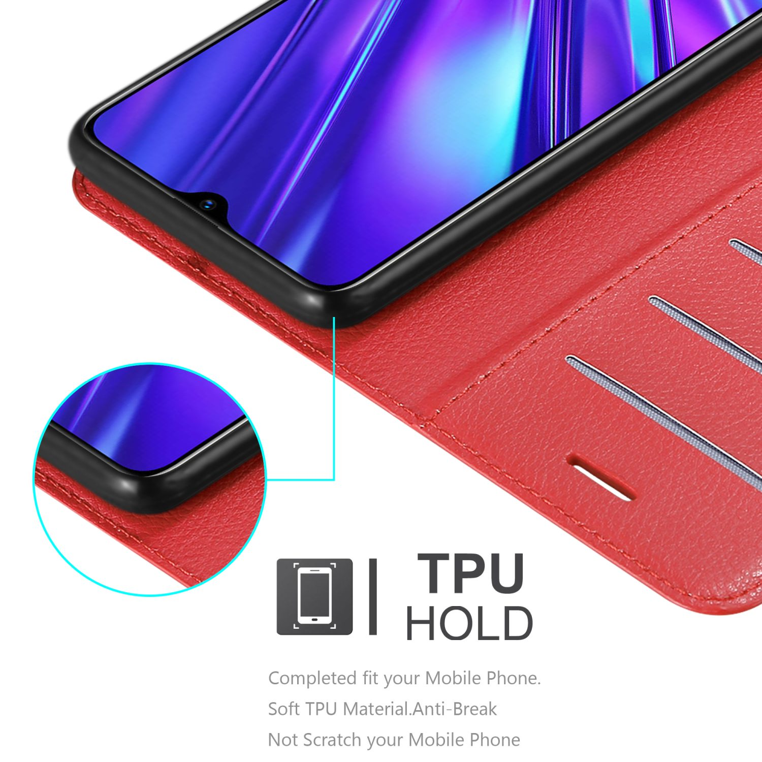Una custodia rossa per telefono contiene un telefono. Il telefono è nella custodia. Testo: TPU Hold.