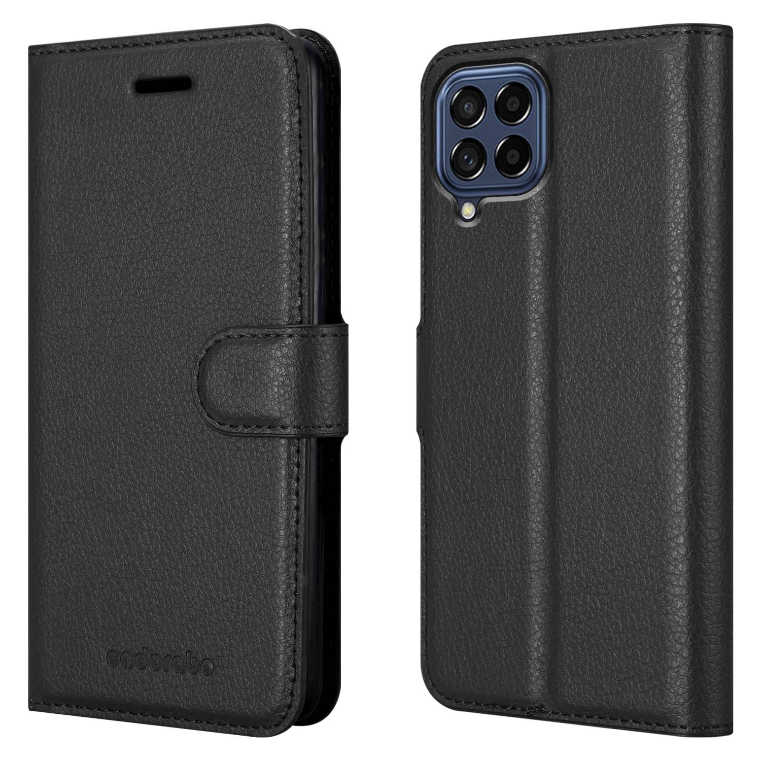 Custodia per telefono nera. La custodia ha una chiusura a bottone e un telefono all'interno. La custodia è in pelle.