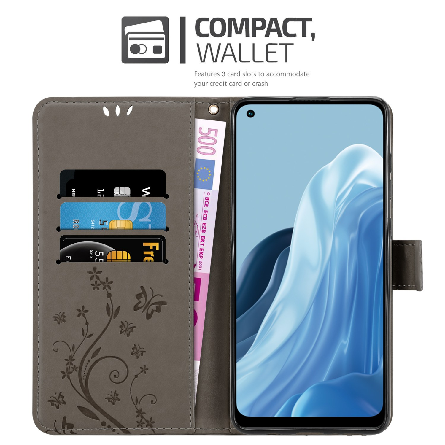 Custodia grigia con telefono, carte e banconote in euro. Design floreale. Telefono con design.