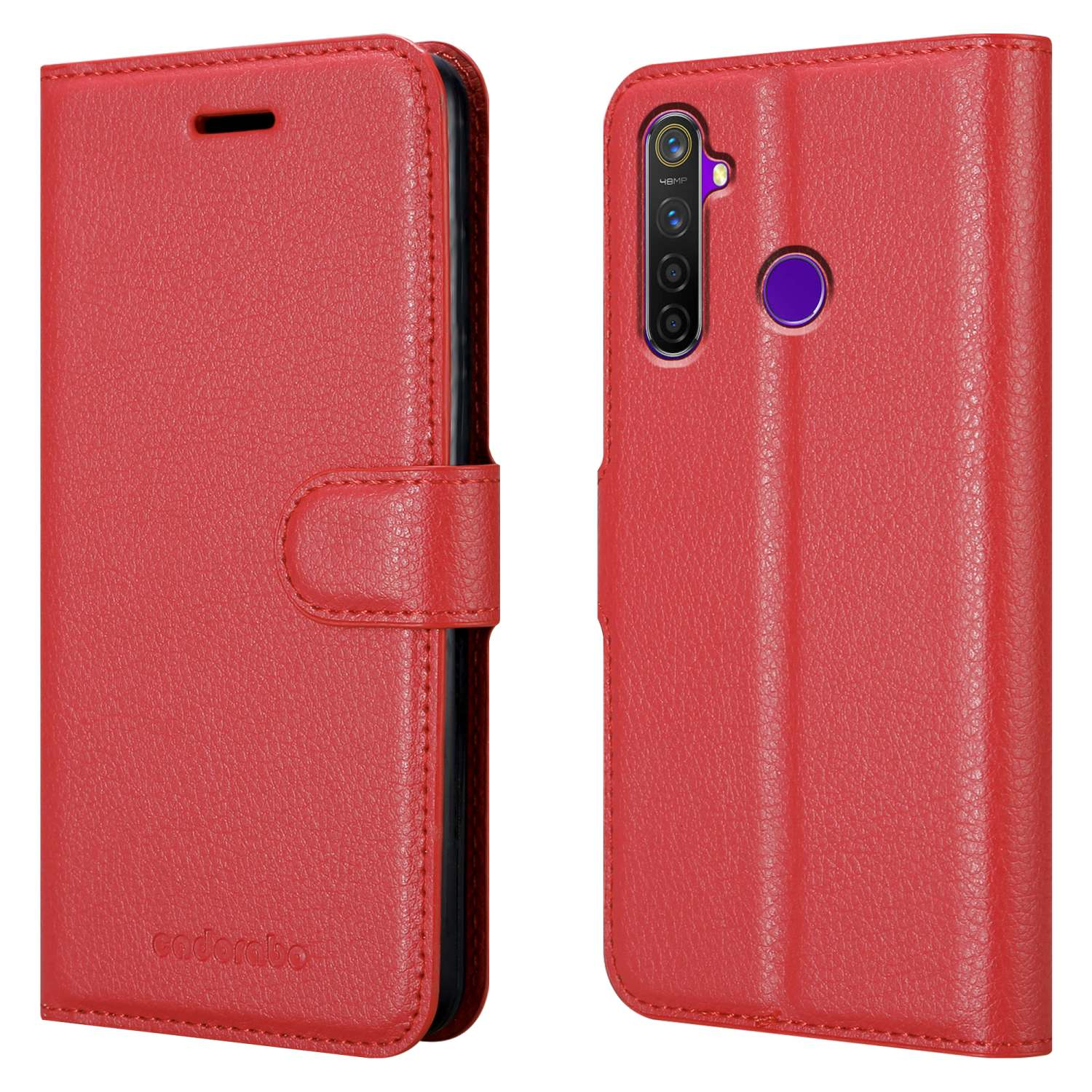 Custodia per telefono rossa, aperta e chiusa. Un telefono è all'interno.