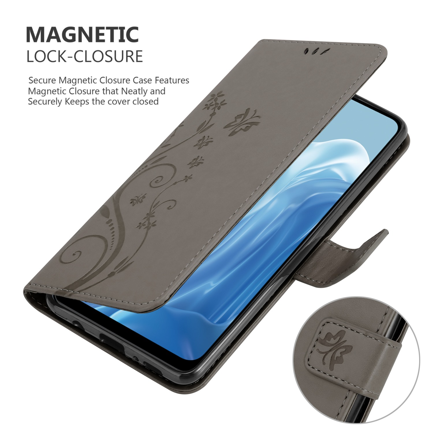 Telefono in custodia grigia, aperto, con disegno floreale. Chiusura magnetica menzionata e mostrata.