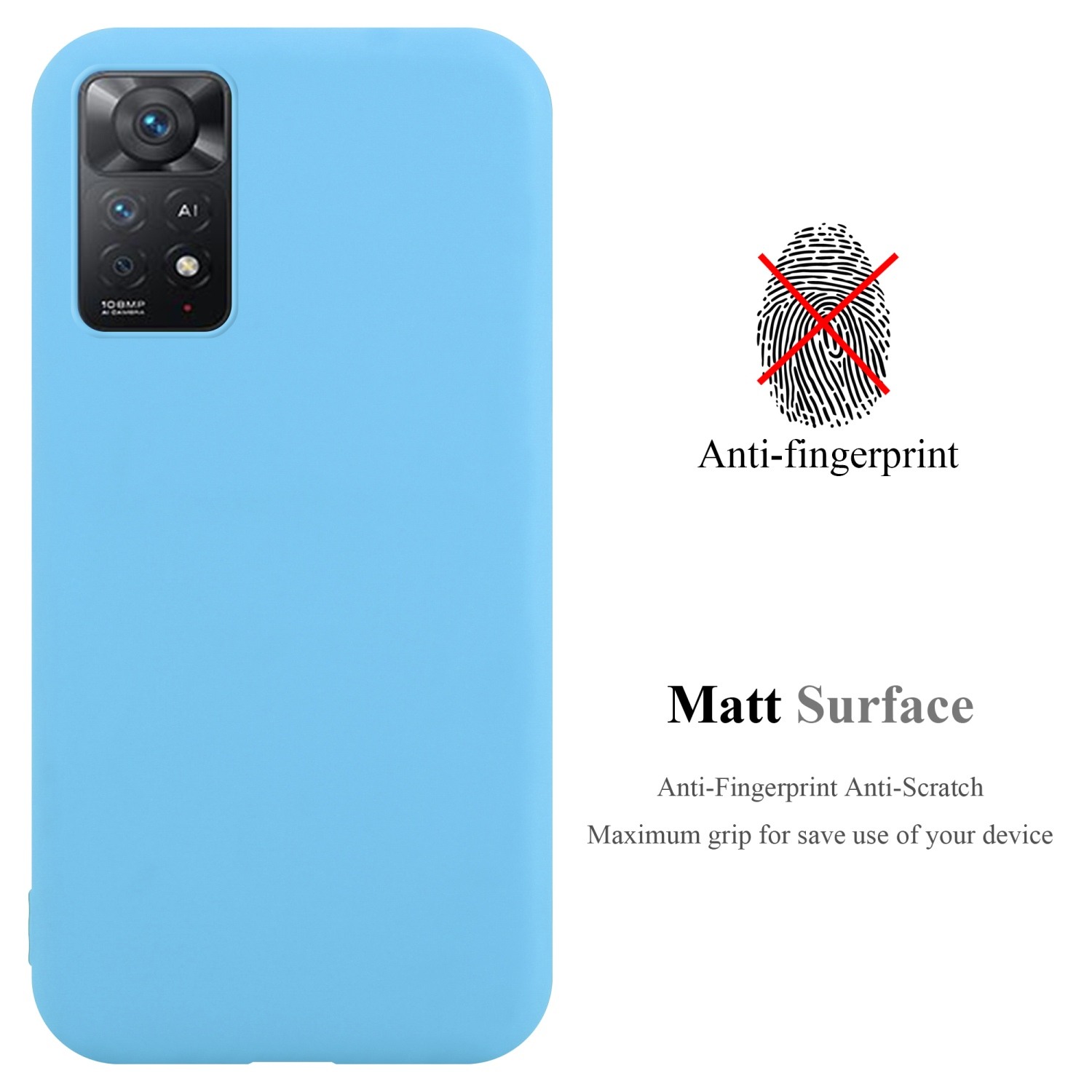 Hellblaue Handyhülle. Text 'Anti-Fingerprint' und 'Matt Surface' sichtbar. Telefon hat Kameras.