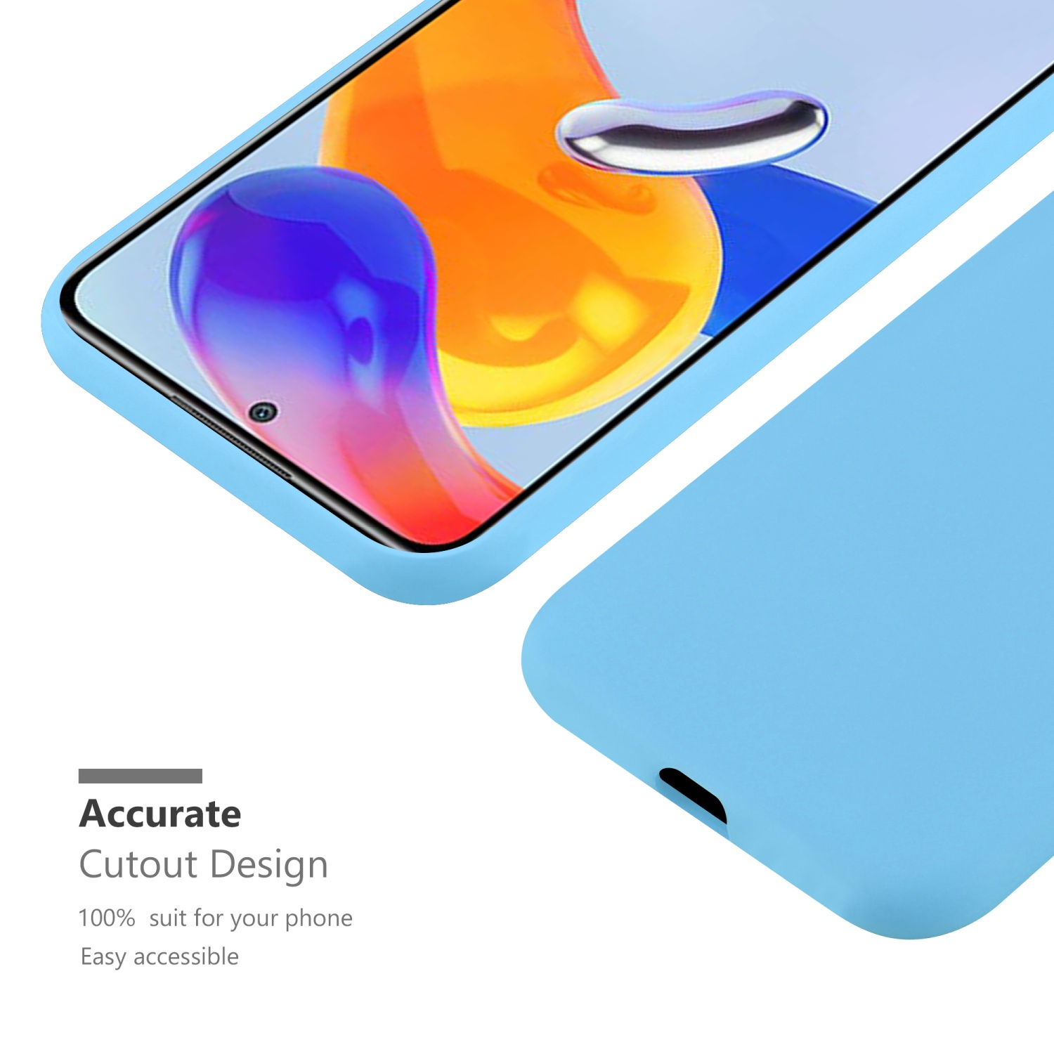 Eine hellblaue Handyhülle mit einem Telefon darin. Das Telefon ist hellblau.