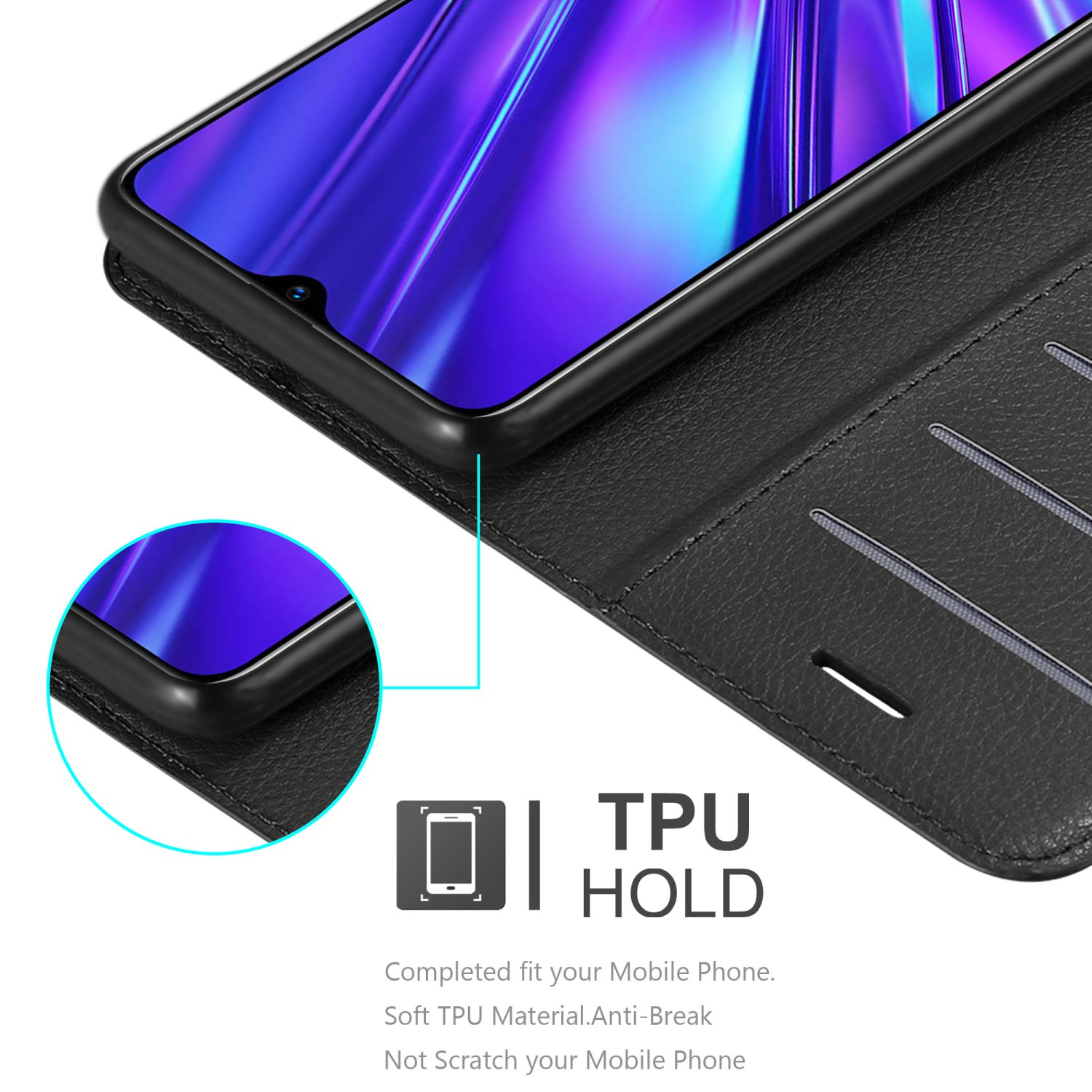 Un primo piano di una custodia nera per telefono con un telefono all'interno. Testo: TPU HOLD. Vestibilità completa per il tuo cellulare.