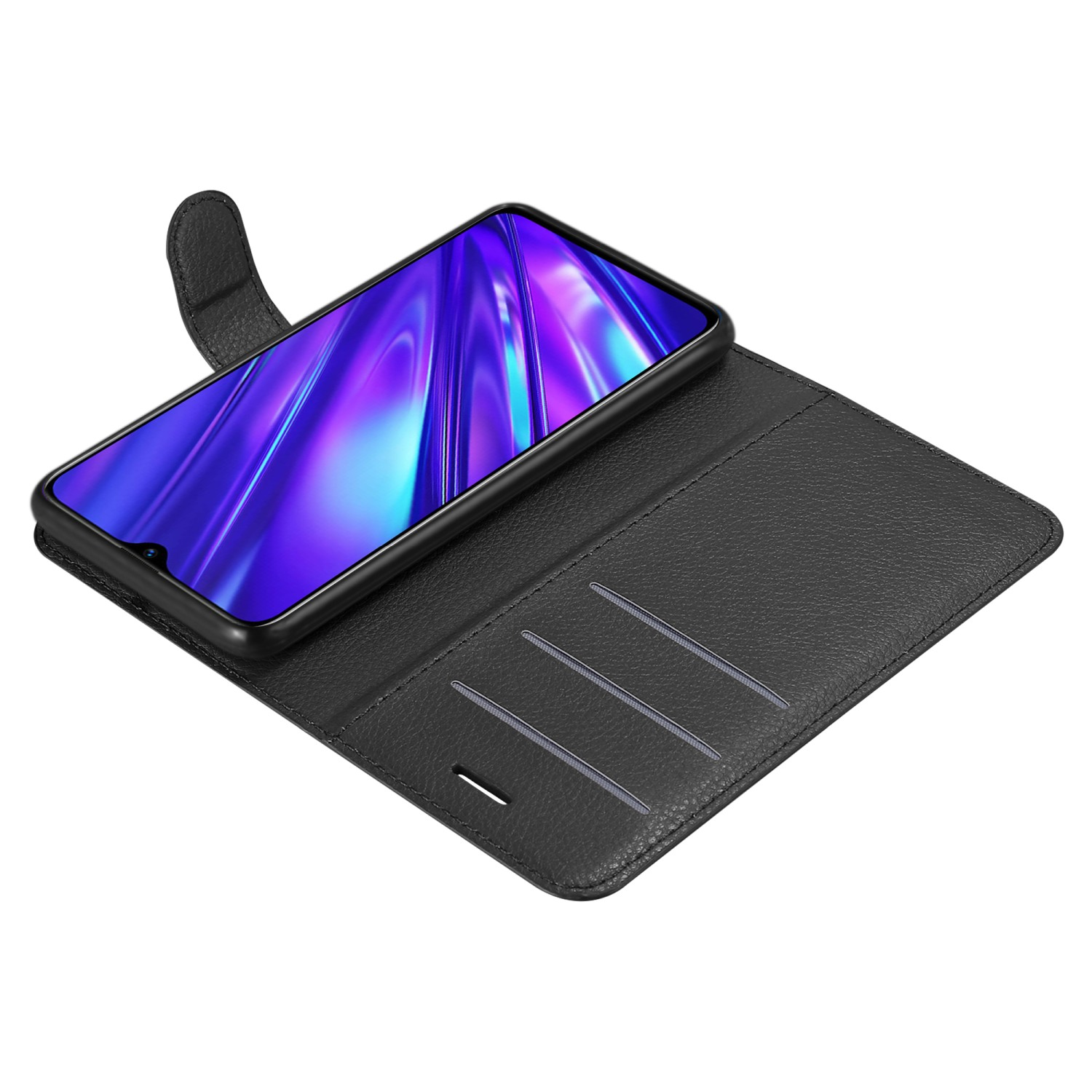 Una custodia per telefono nera aperta, che rivela un telefono con schermo blu e slot per schede.