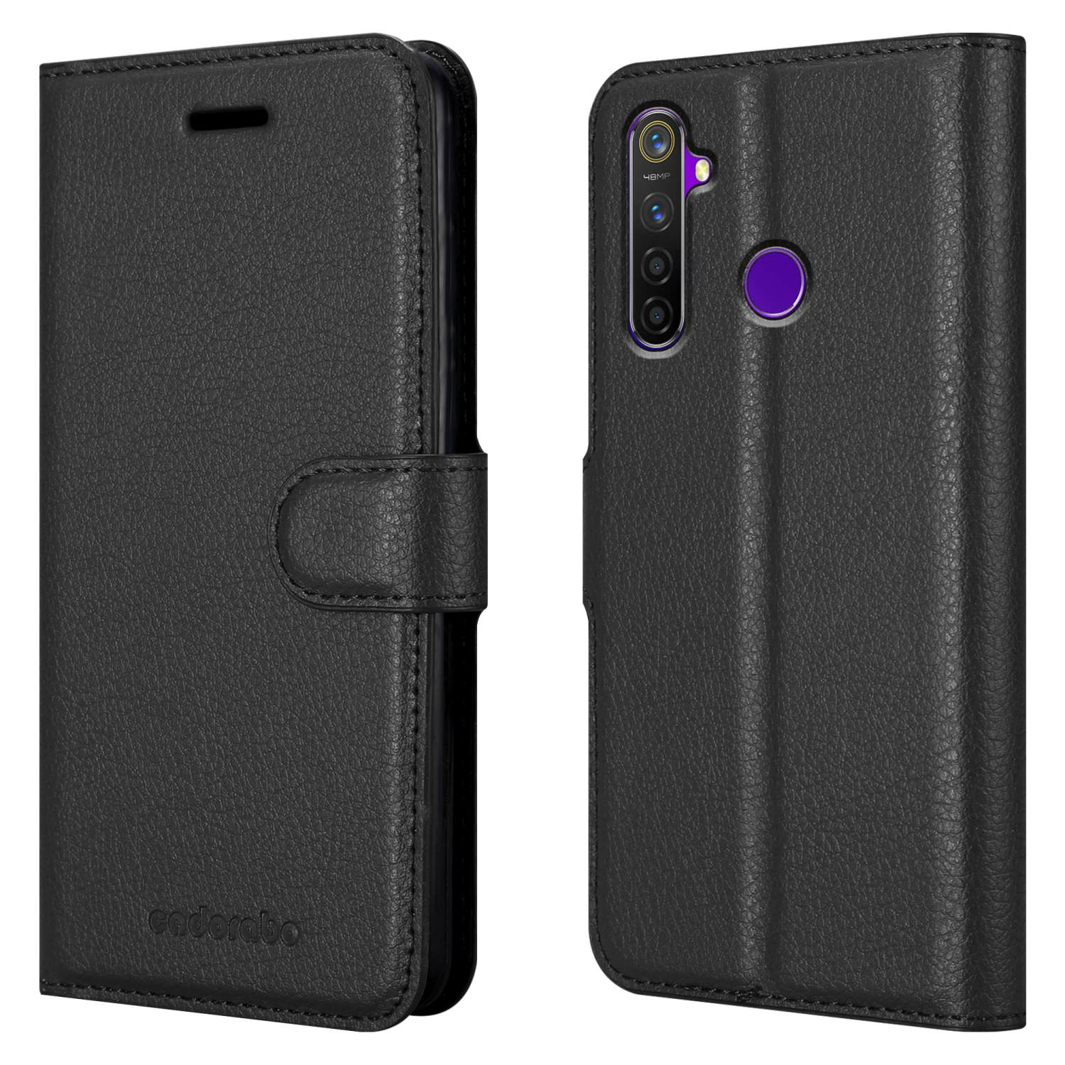 Custodia nera per telefono con telefono. Con chiusura magnetica e nome del marchio.