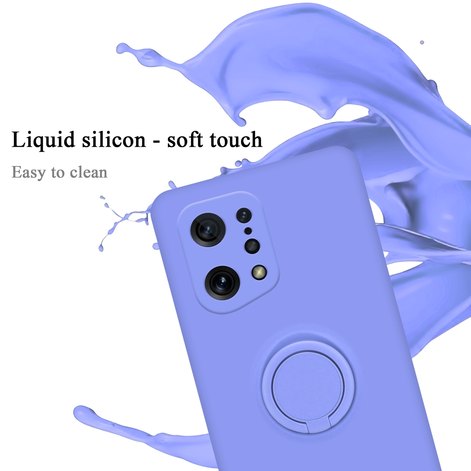 Funda de teléfono lila con soporte de anillo, con salpicaduras de pintura.