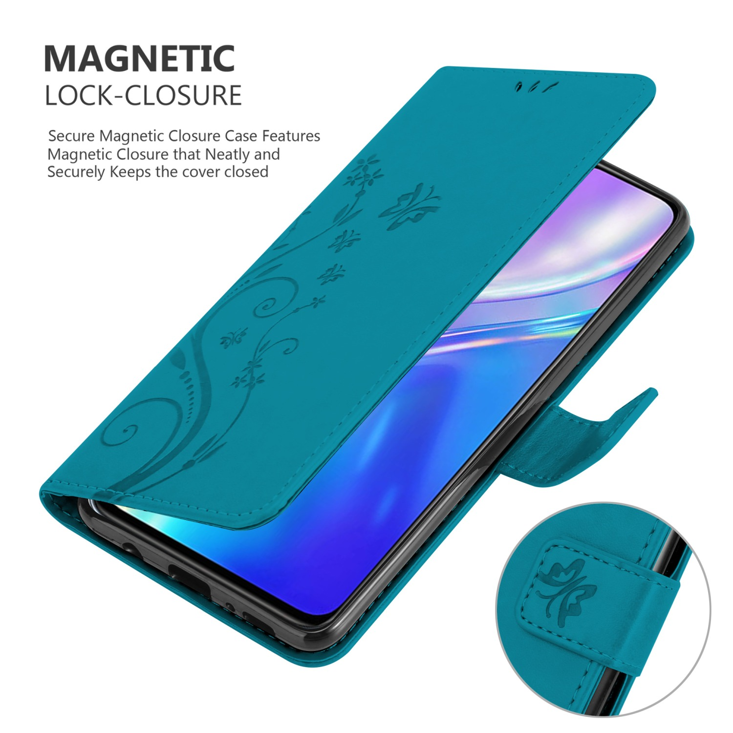 Custodia per telefono verde acqua, aperta con un design floreale. Lo schermo e la chiusura sono visibili.