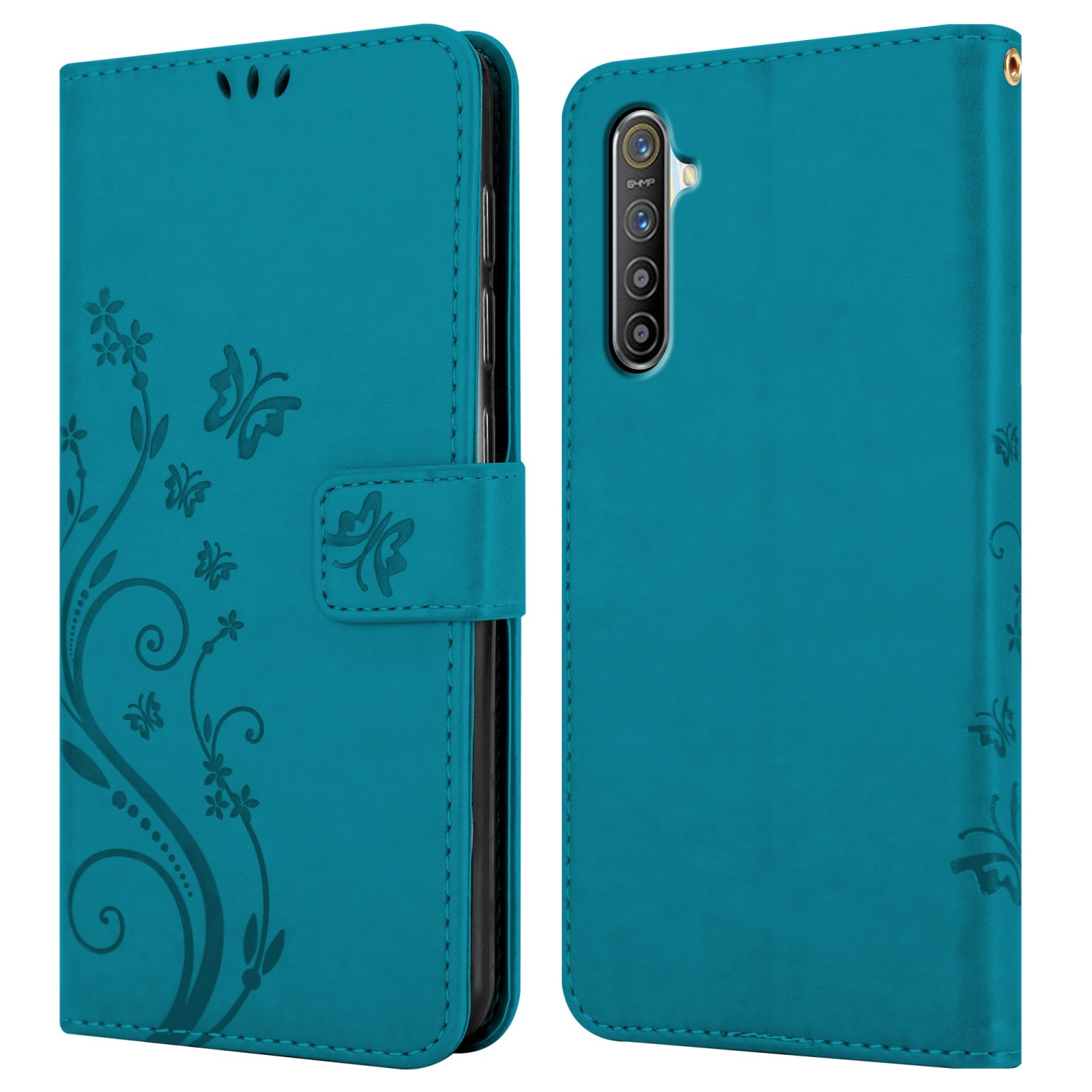 Custodia per telefono verde acqua, chiusa. La custodia mostra un design floreale e a farfalla. Il retro della custodia.