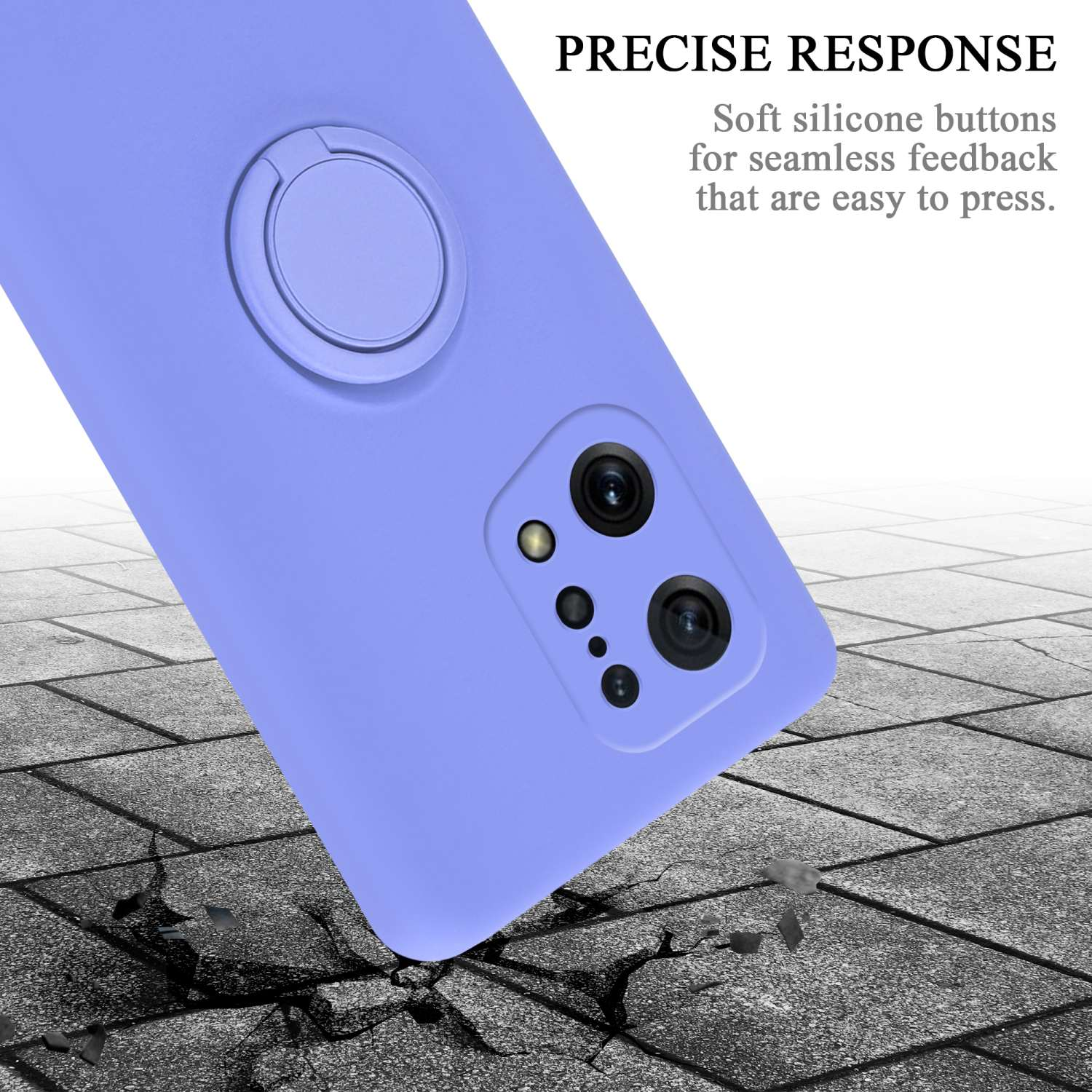Primer plano de una funda de teléfono lavanda con soporte de anillo. Vista detallada de la cámara.